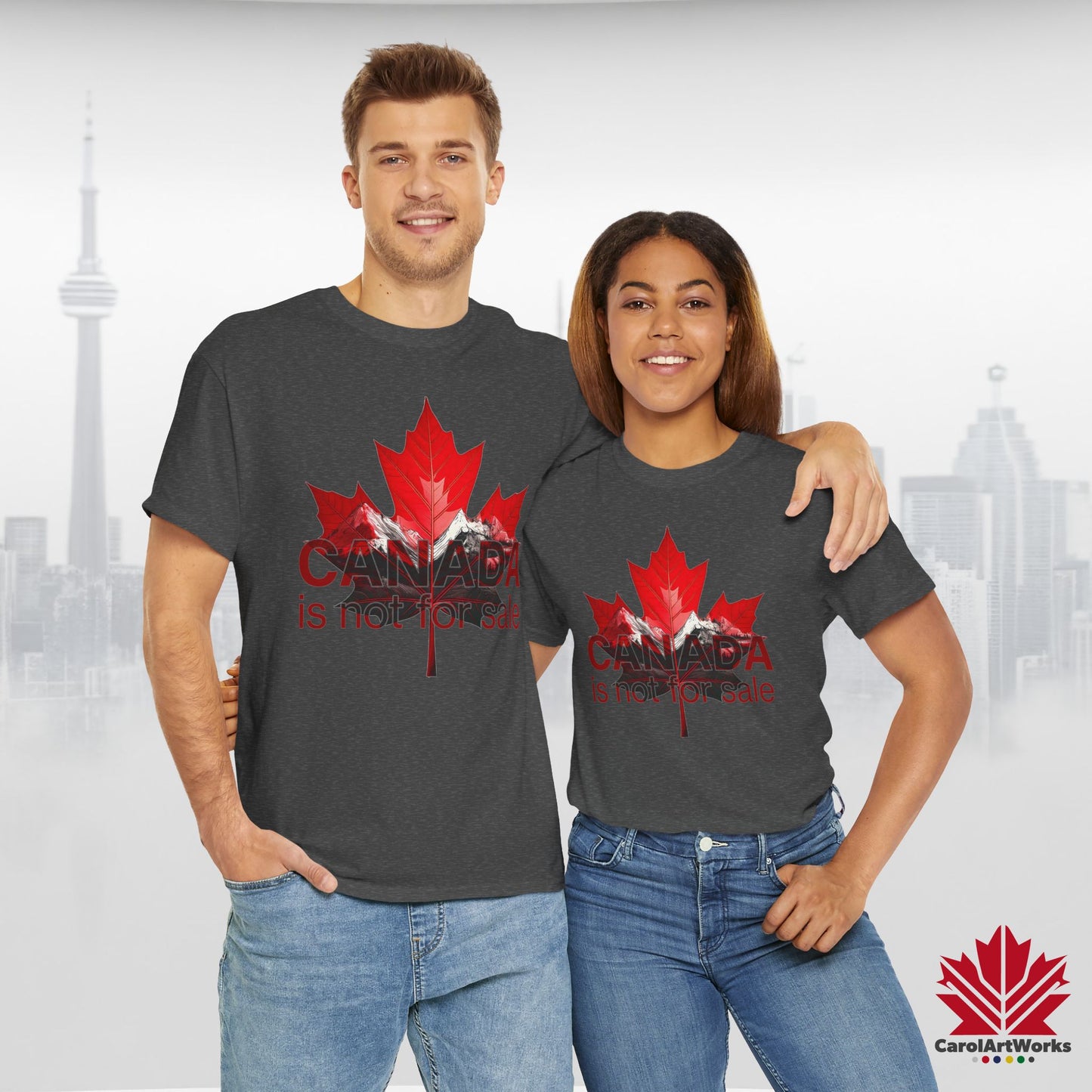 “Canada is not for Sale” Unisex Heavy Cotton Tee – Red Maple Leaf and Mountains, Stylish Canada Shirt