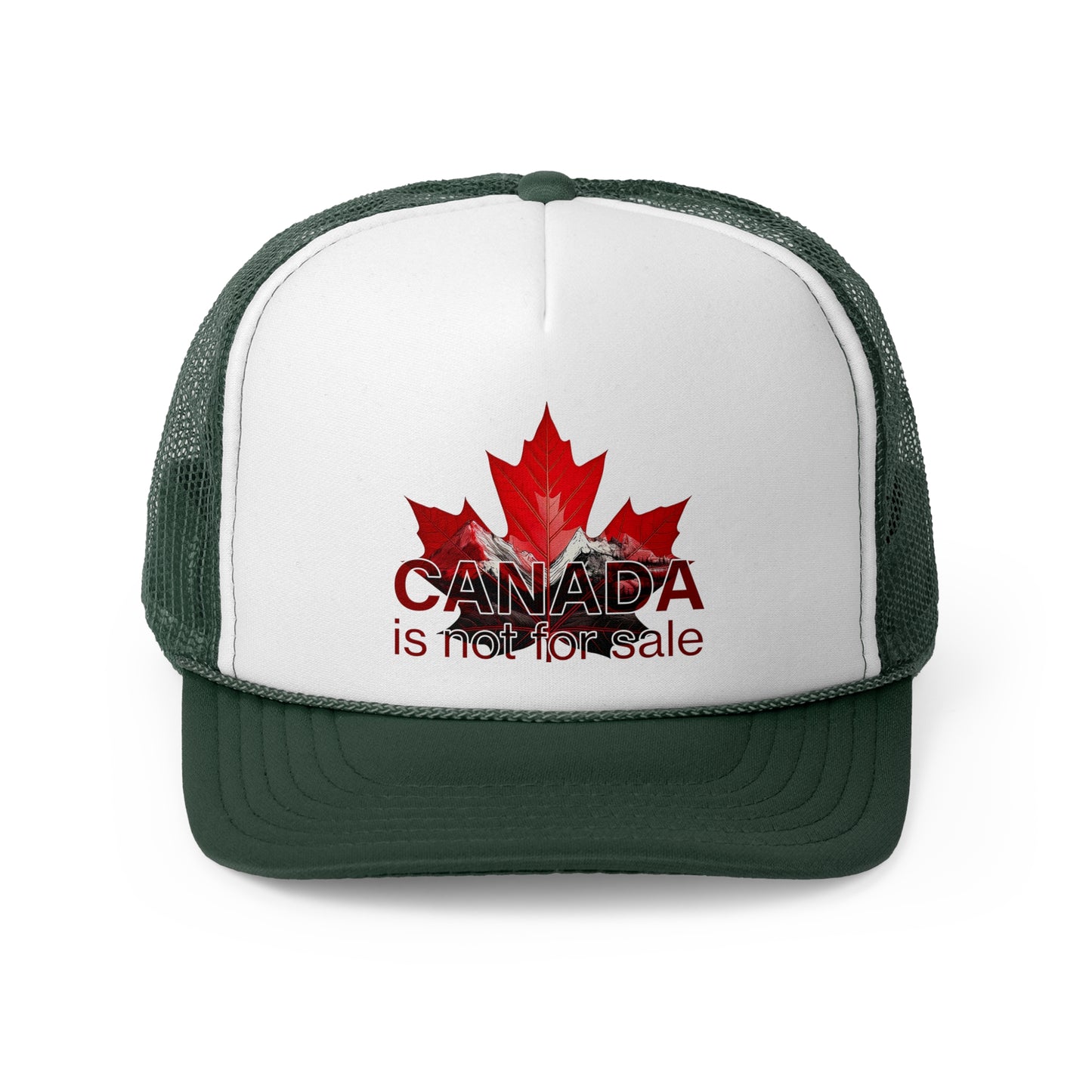 Trucker Cap “Canada is Not for Sale” – Adjustable Mesh Hat, Red Maple Leaf and Mountains Design