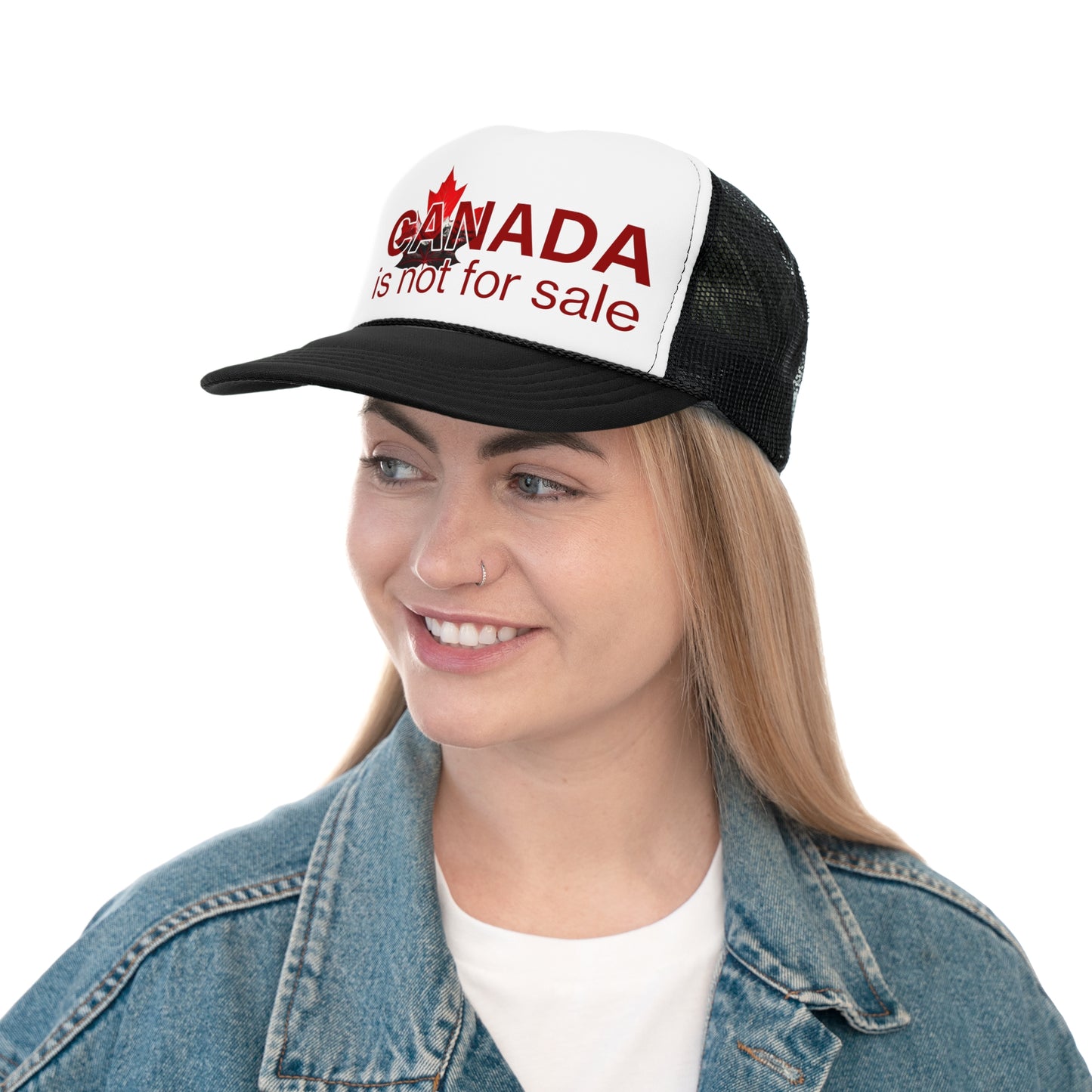 Trucker Cap “Canada is Not for Sale” – Adjustable Mesh Hat, Red Maple Leaf and Mountains Design