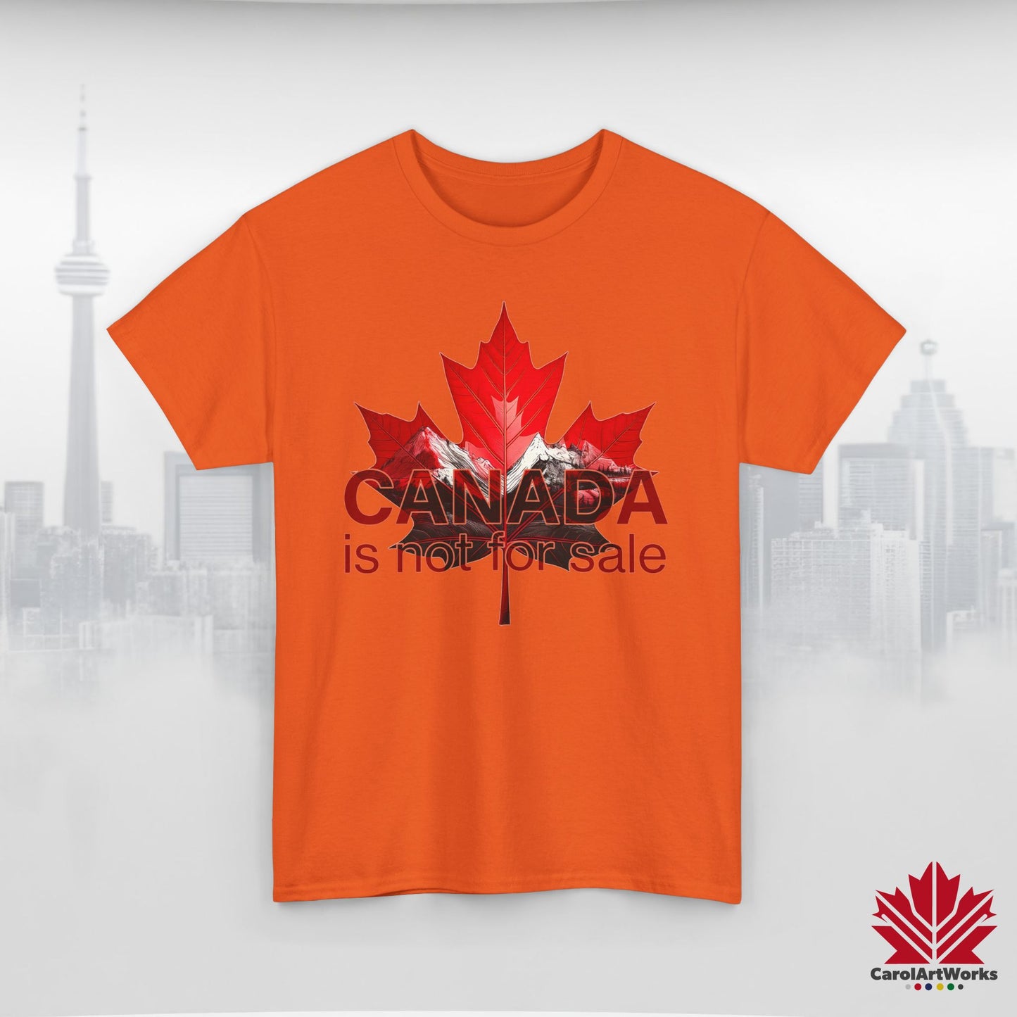 “Canada is not for Sale” Unisex Heavy Cotton Tee – Red Maple Leaf and Mountains, Stylish Canada Shirt