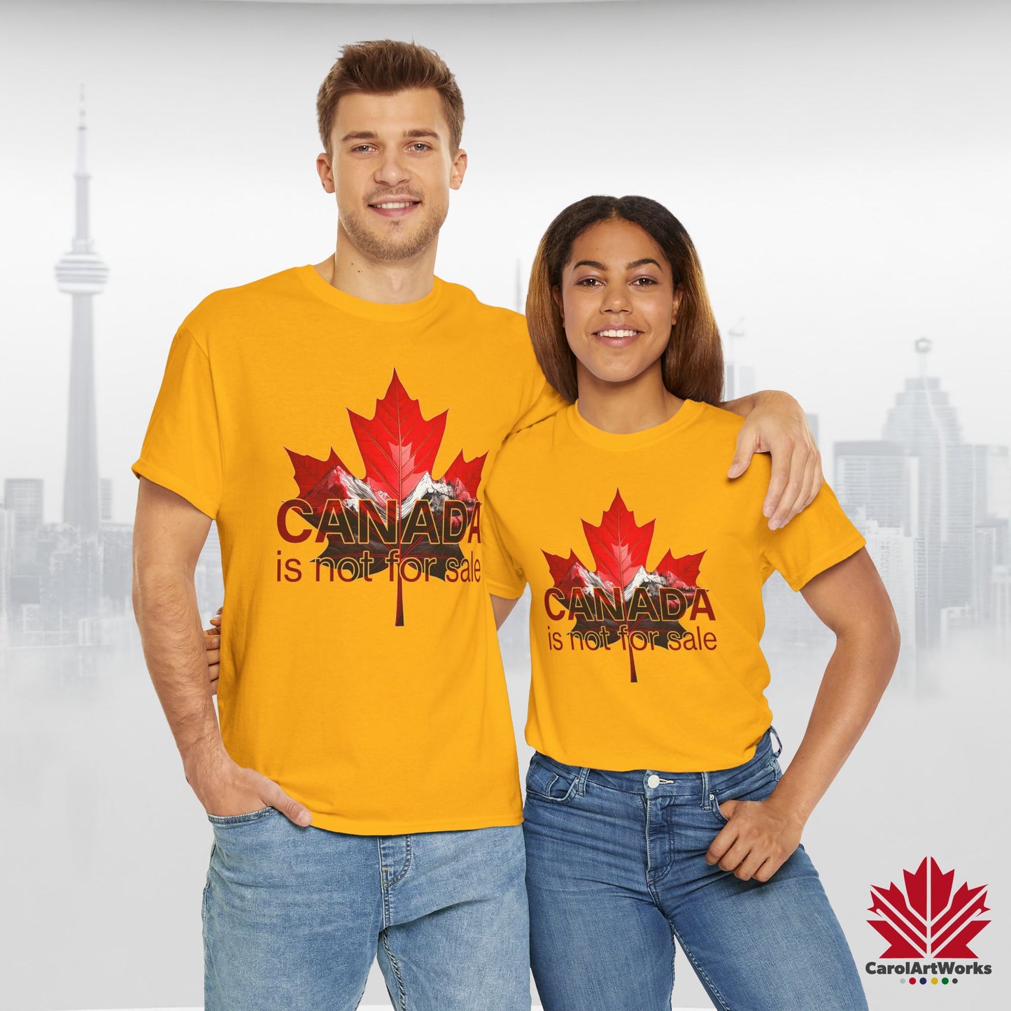 “Canada is not for Sale” Unisex Heavy Cotton Tee – Red Maple Leaf and Mountains, Stylish Canada Shirt