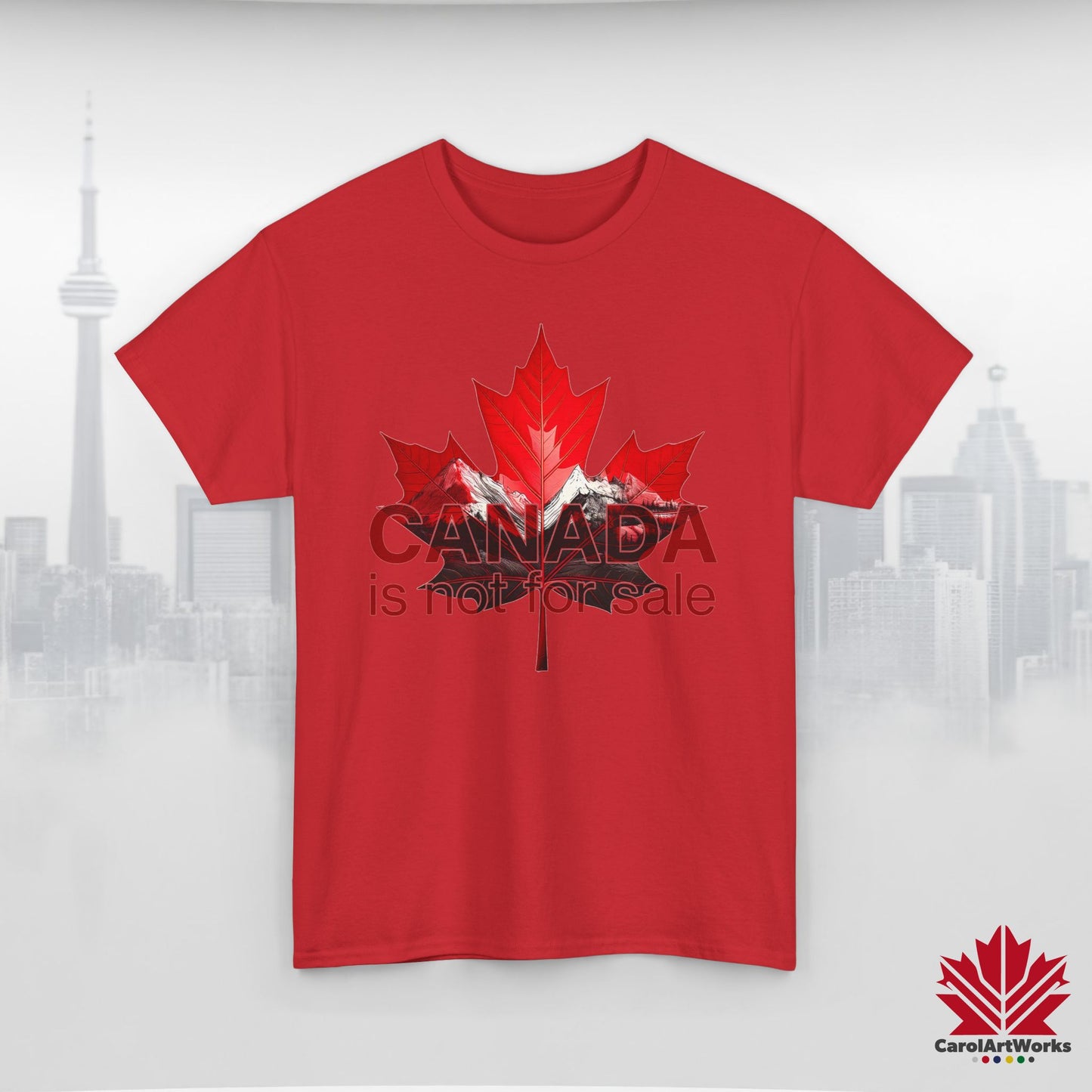 “Canada is not for Sale” Unisex Heavy Cotton Tee – Red Maple Leaf and Mountains, Stylish Canada Shirt