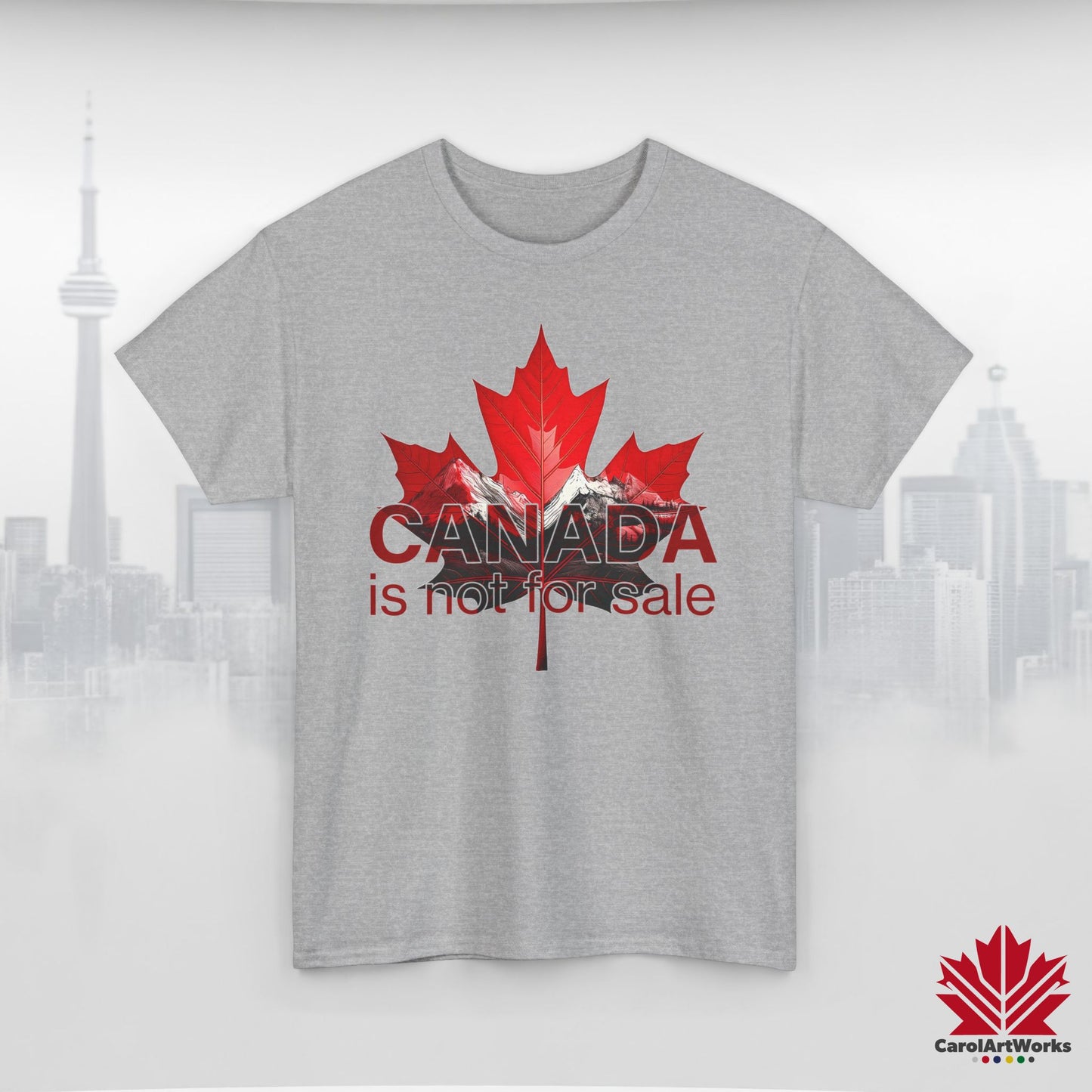 “Canada is not for Sale” Unisex Heavy Cotton Tee – Red Maple Leaf and Mountains, Stylish Canada Shirt