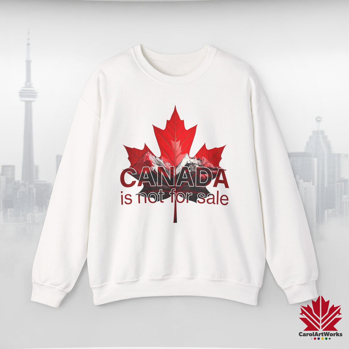 “Canada is Not for Sale” Crewneck Sweatshirt - Red Maple Leaf and Mountains, Soft and Warm