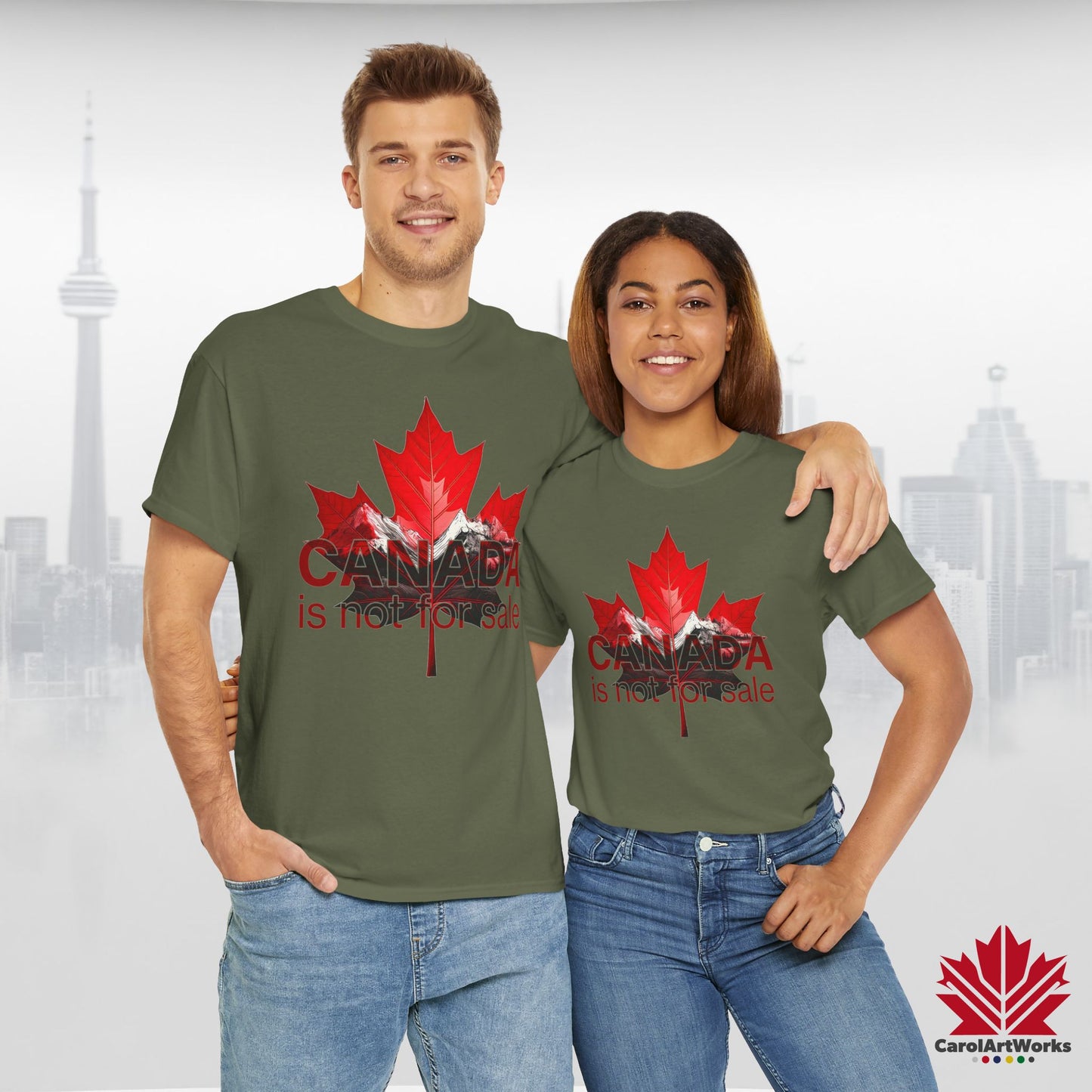 “Canada is not for Sale” Unisex Heavy Cotton Tee – Red Maple Leaf and Mountains, Stylish Canada Shirt