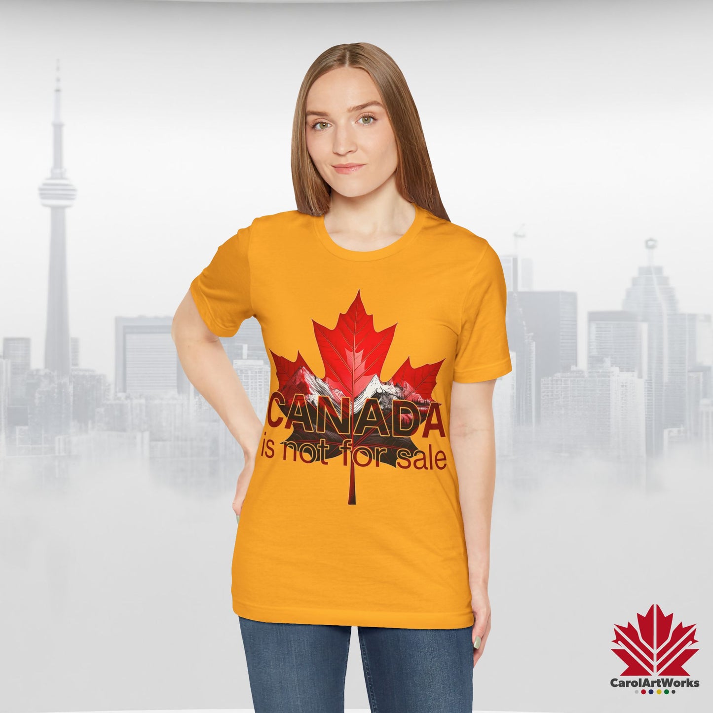 “Canada is not for Sale” Unisex Short Sleeve Tee – Red Maple Leaf and Mountains, Stylish Canada Shirt