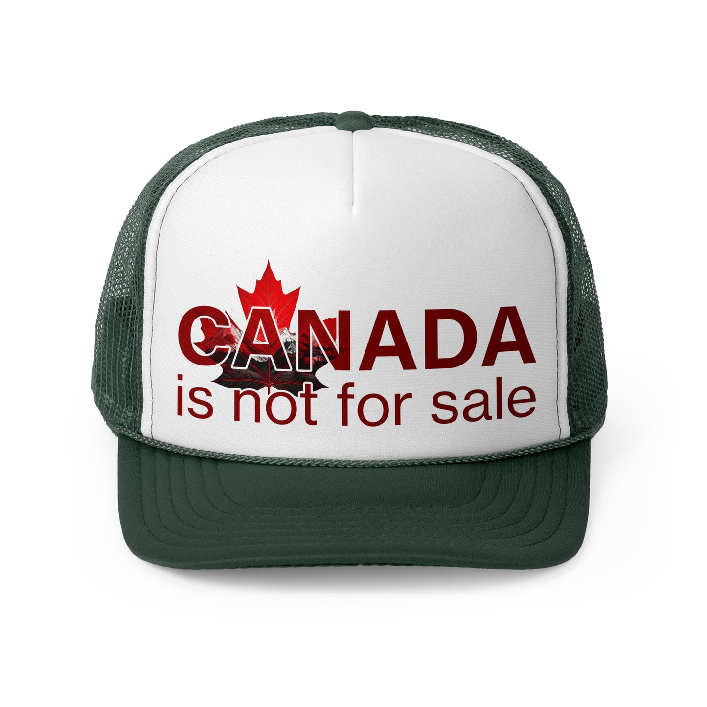 Trucker Cap “Canada is Not for Sale” – Adjustable Mesh Hat, Red Maple Leaf and Mountains Design