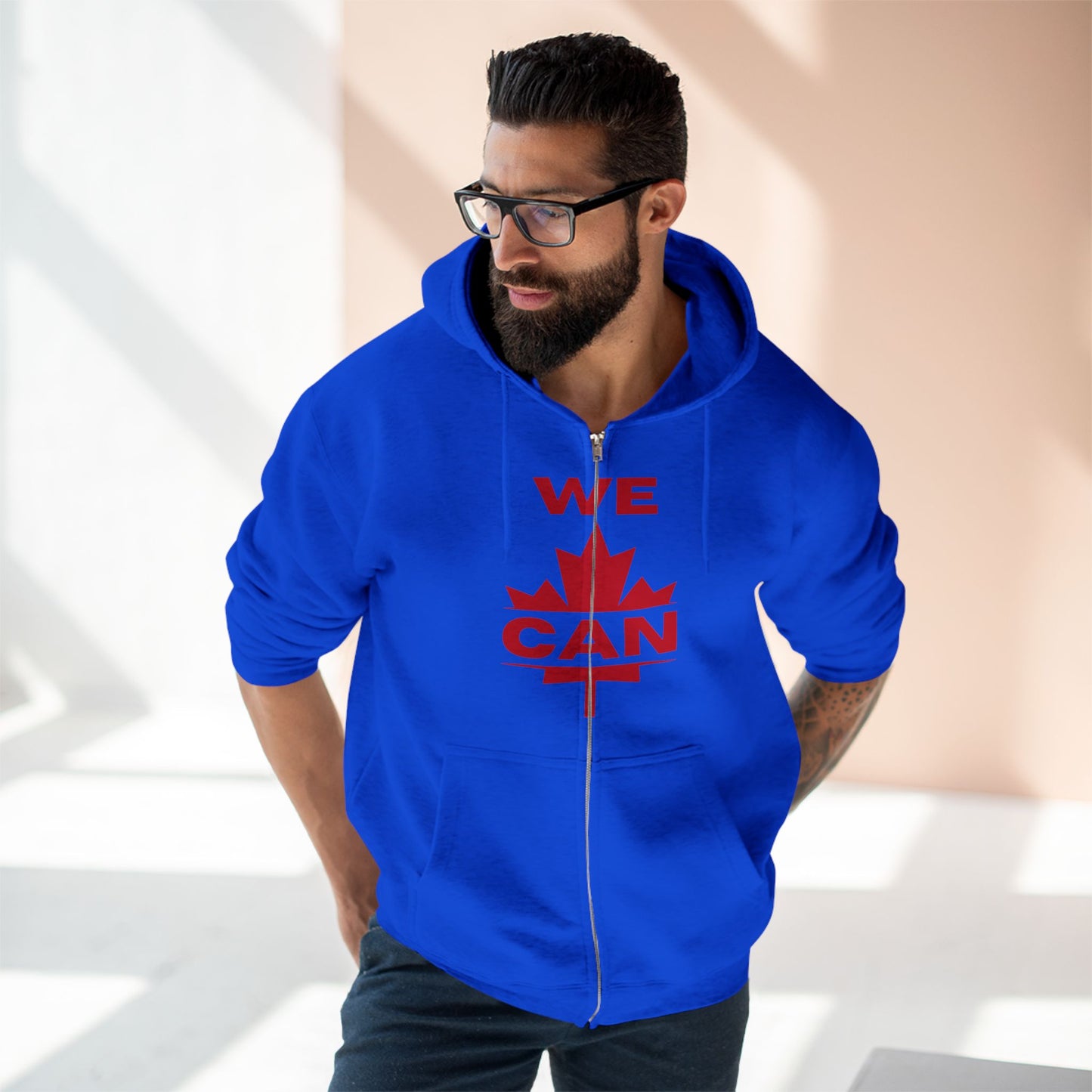Sweat à capuche unisexe à fermeture éclair « WE CAN » avec motif feuille d'érable – Sweat à capuche motivant pour un confort quotidien, fierté canadienne