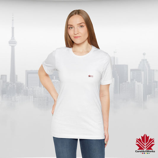 “Canada is not for Sale” Unisex Short Sleeve Tee – Red Maple Leaf and Mountains, Stylish Canada Shirt