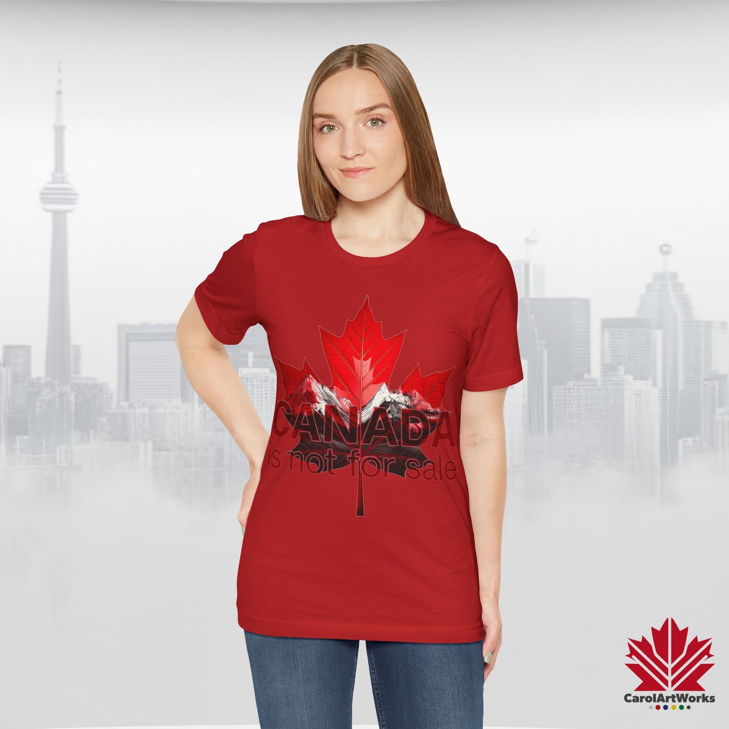 “Canada is not for Sale” Unisex Short Sleeve Tee – Red Maple Leaf and Mountains, Stylish Canada Shirt