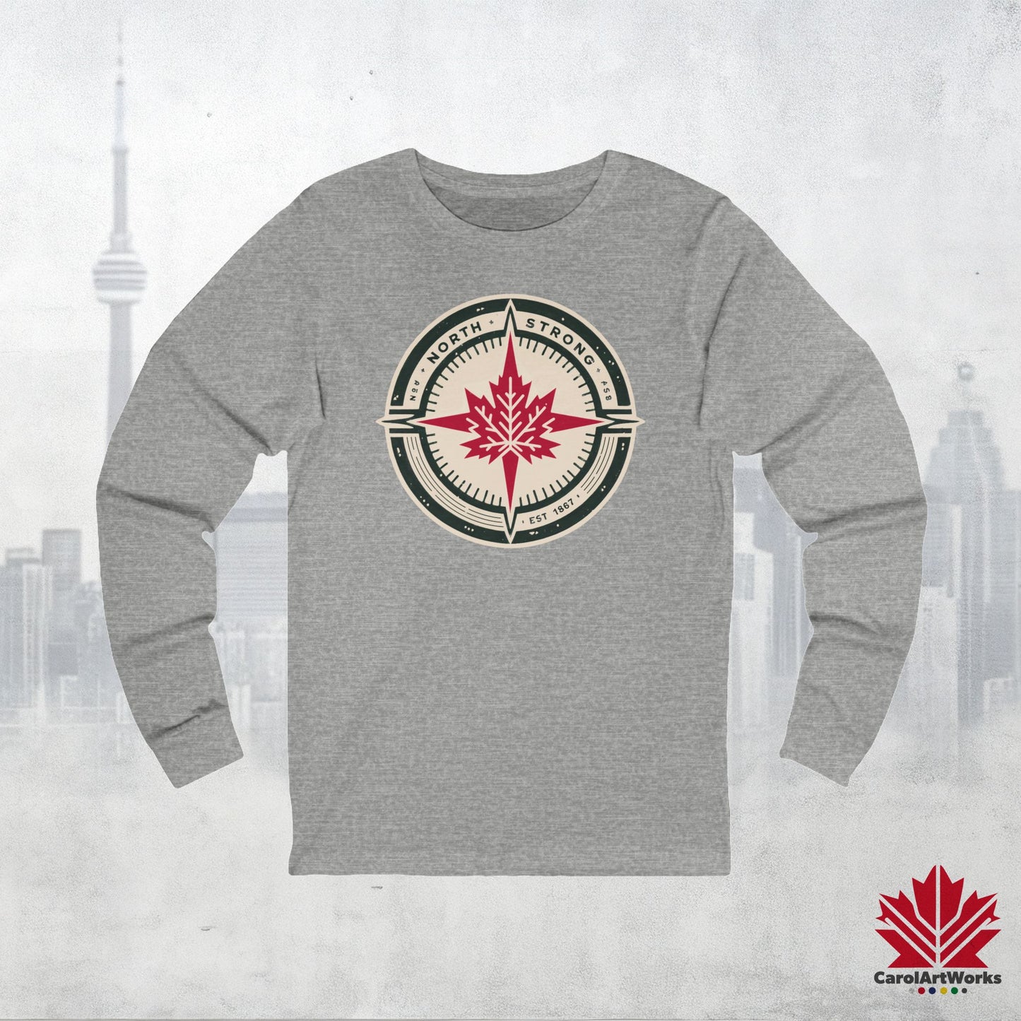 “North Strong” Compass Design – Unisex Long Sleeve Tee – Navigate Adventure with Canadian Pride