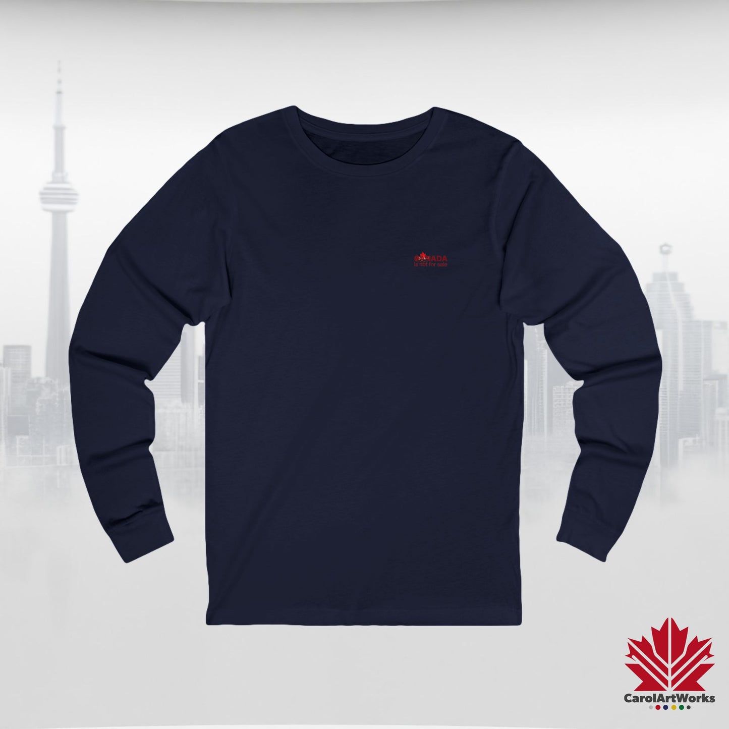 Unisex Long Sleeve Tee “Canada is Not for Sale” – Red Maple Leaf and Mountains, Canadian Pride Shirt