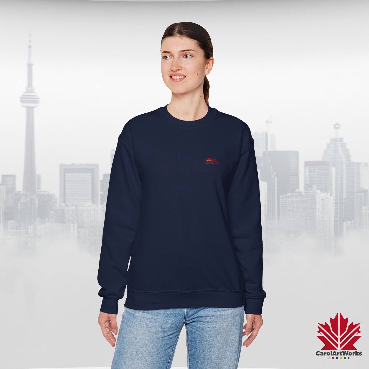 “Canada is Not for Sale” Crewneck Sweatshirt - Red Maple Leaf and Mountains, Soft and Warm