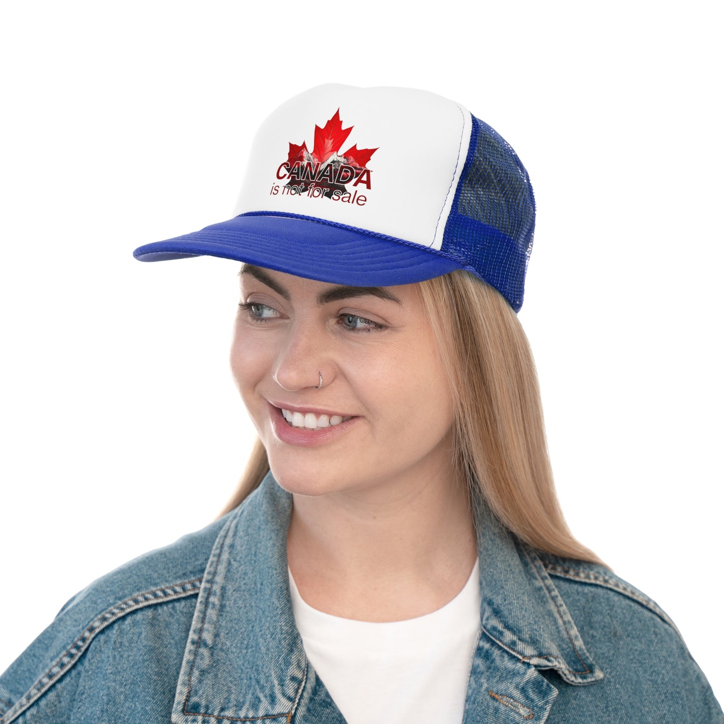 Trucker Cap “Canada is Not for Sale” – Adjustable Mesh Hat, Red Maple Leaf and Mountains Design