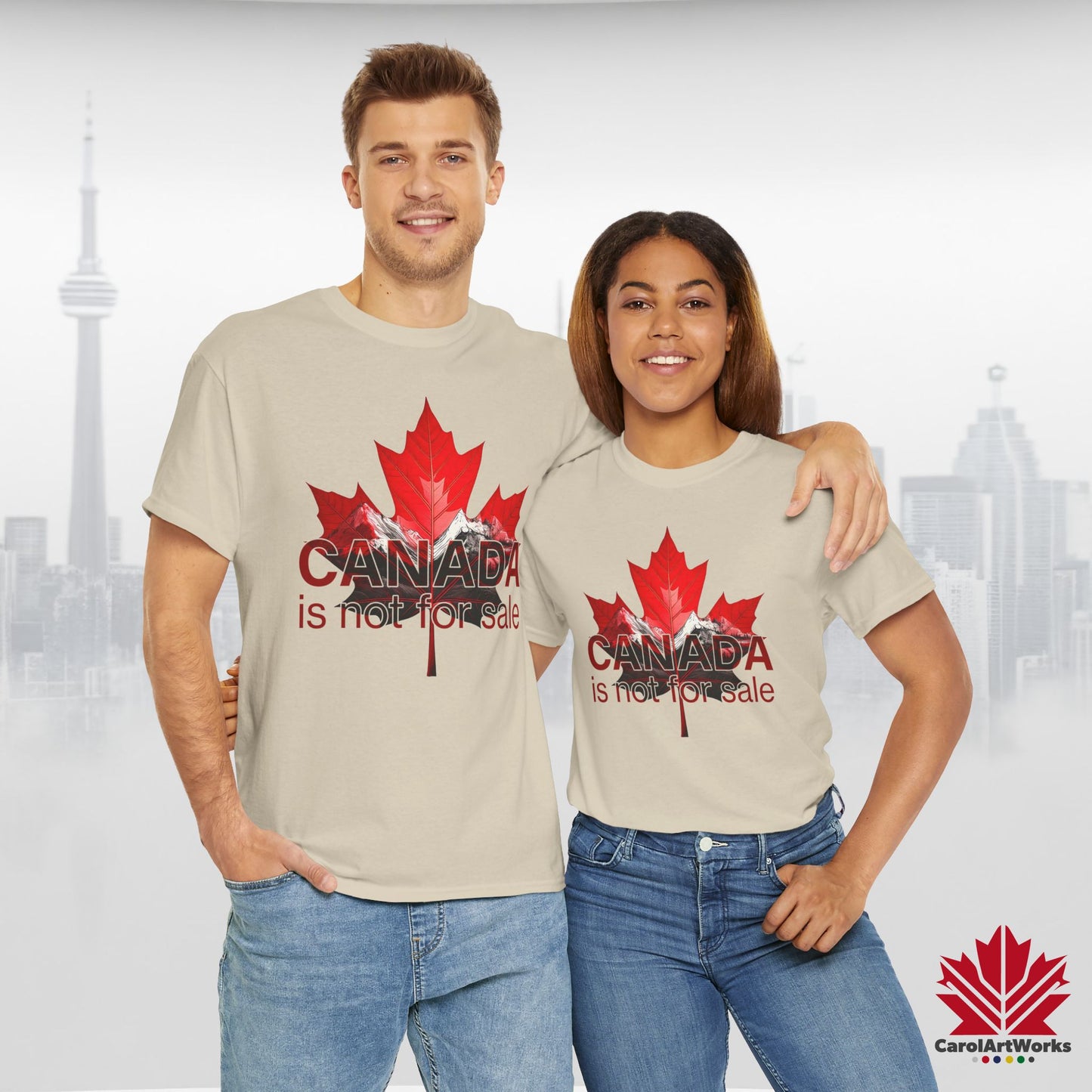 “Canada is not for Sale” Unisex Heavy Cotton Tee – Red Maple Leaf and Mountains, Stylish Canada Shirt