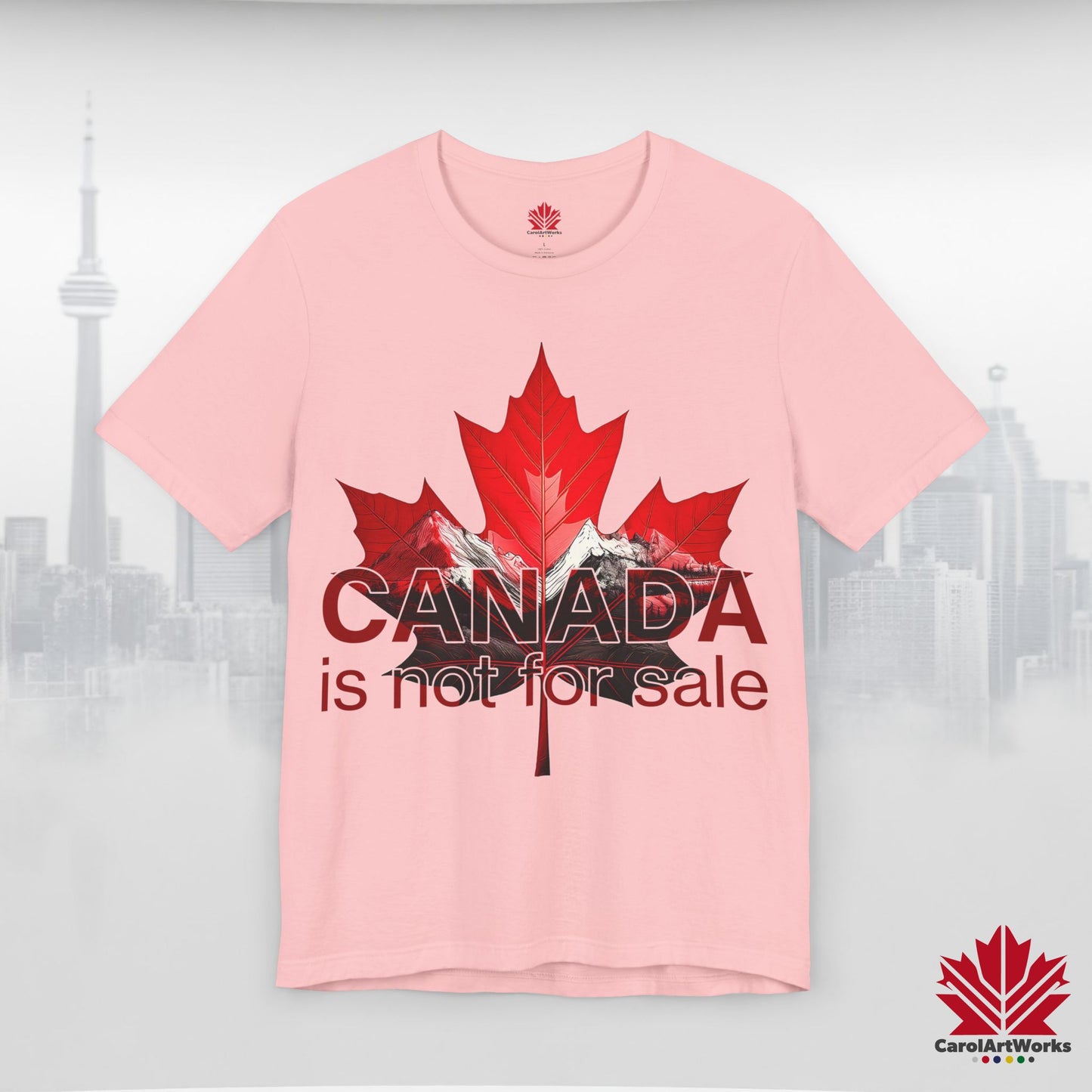 “Canada is not for Sale” Unisex Short Sleeve Tee – Red Maple Leaf and Mountains, Stylish Canada Shirt
