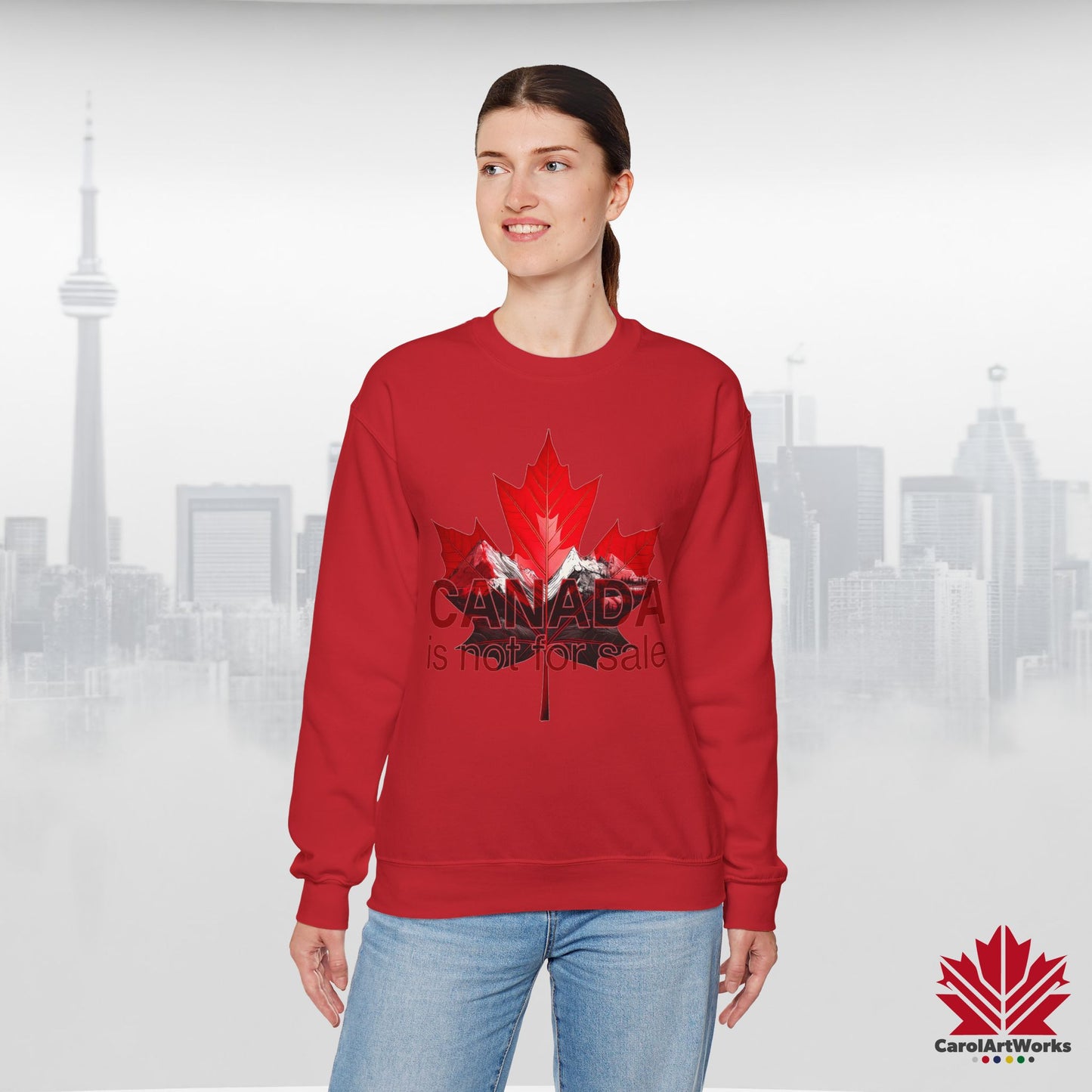 “Canada is Not for Sale” Crewneck Sweatshirt - Red Maple Leaf and Mountains, Soft and Warm