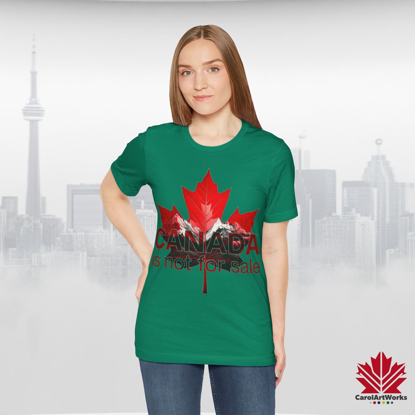 “Canada is not for Sale” Unisex Short Sleeve Tee – Red Maple Leaf and Mountains, Stylish Canada Shirt