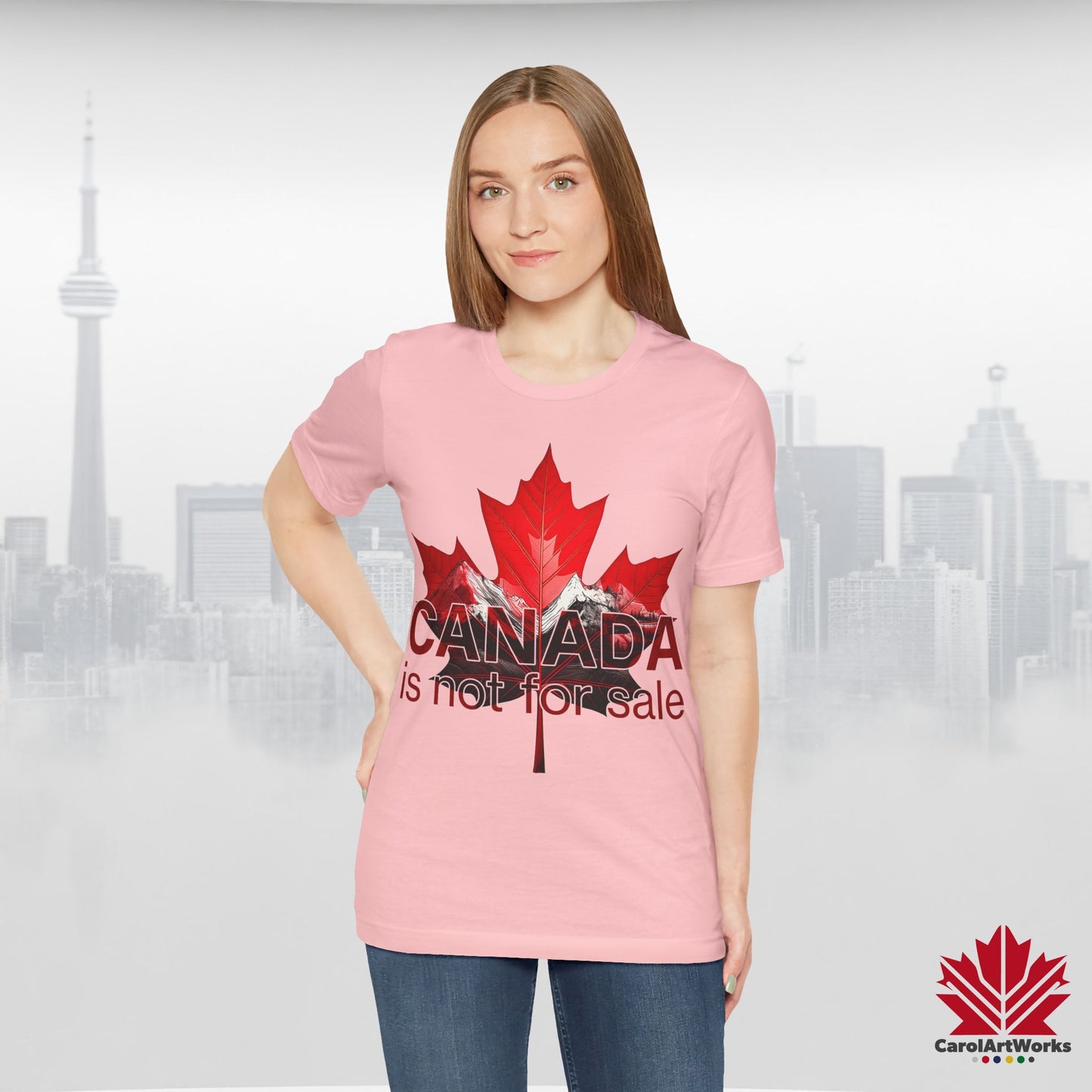 “Canada is not for Sale” Unisex Short Sleeve Tee – Red Maple Leaf and Mountains, Stylish Canada Shirt