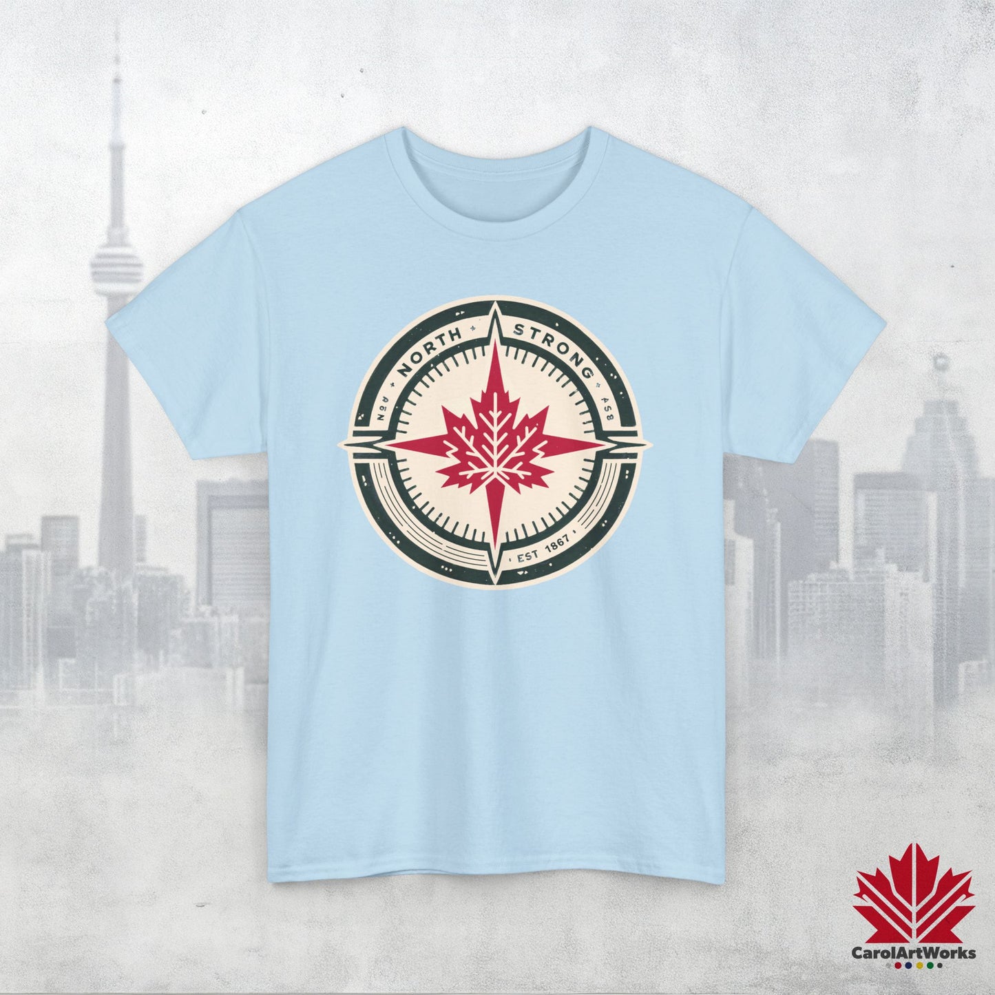 “North Strong” Compass Design – Unisex Cotton Tee – Navigate Adventure with Canadian Pride