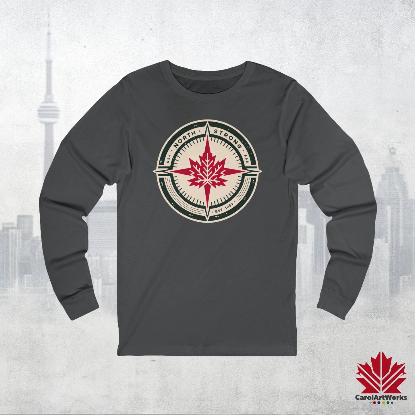 “North Strong” Compass Design – Unisex Long Sleeve Tee – Navigate Adventure with Canadian Pride