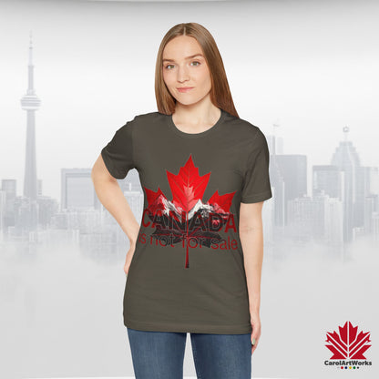 “Canada is not for Sale” Unisex Short Sleeve Tee – Red Maple Leaf and Mountains, Stylish Canada Shirt