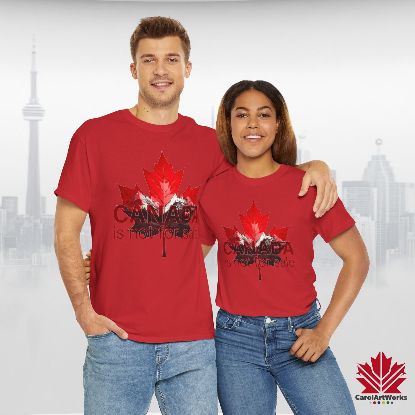 “Canada is not for Sale” Unisex Heavy Cotton Tee – Red Maple Leaf and Mountains, Stylish Canada Shirt