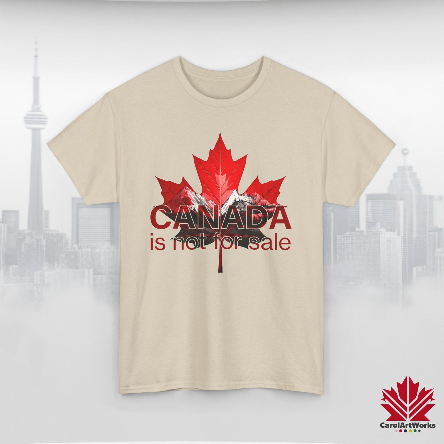 “Canada is not for Sale” Unisex Heavy Cotton Tee – Red Maple Leaf and Mountains, Stylish Canada Shirt