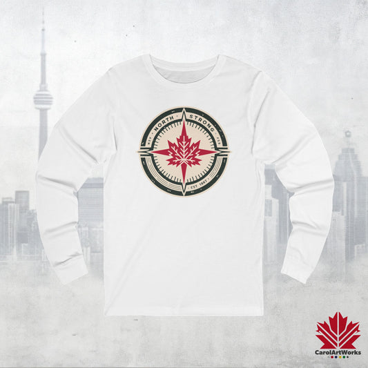 “North Strong” Compass Design – Unisex Long Sleeve Tee – Navigate Adventure with Canadian Pride