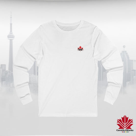 Unisex Long Sleeve Tee “Canada is Not for Sale” – Red Maple Leaf and Mountains, Canadian Pride Shirt