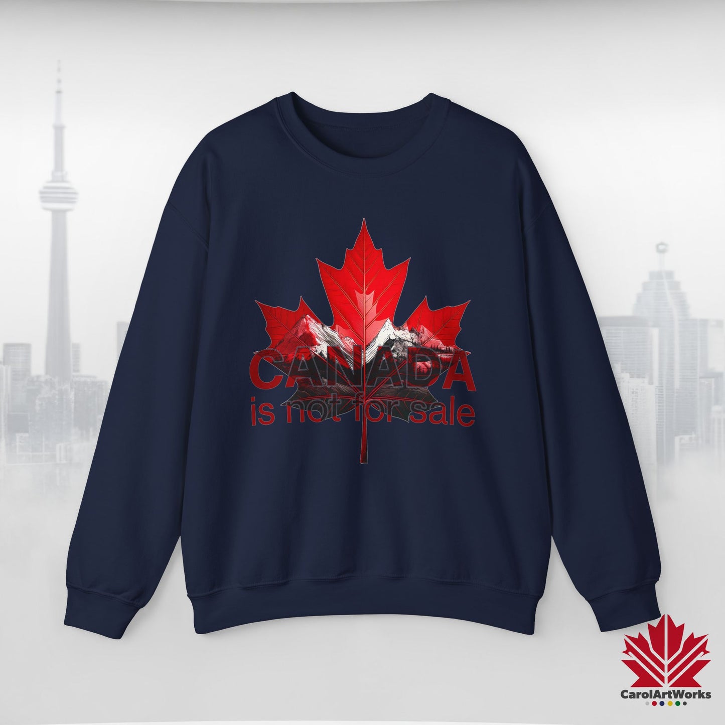“Canada is Not for Sale” Crewneck Sweatshirt - Red Maple Leaf and Mountains, Soft and Warm