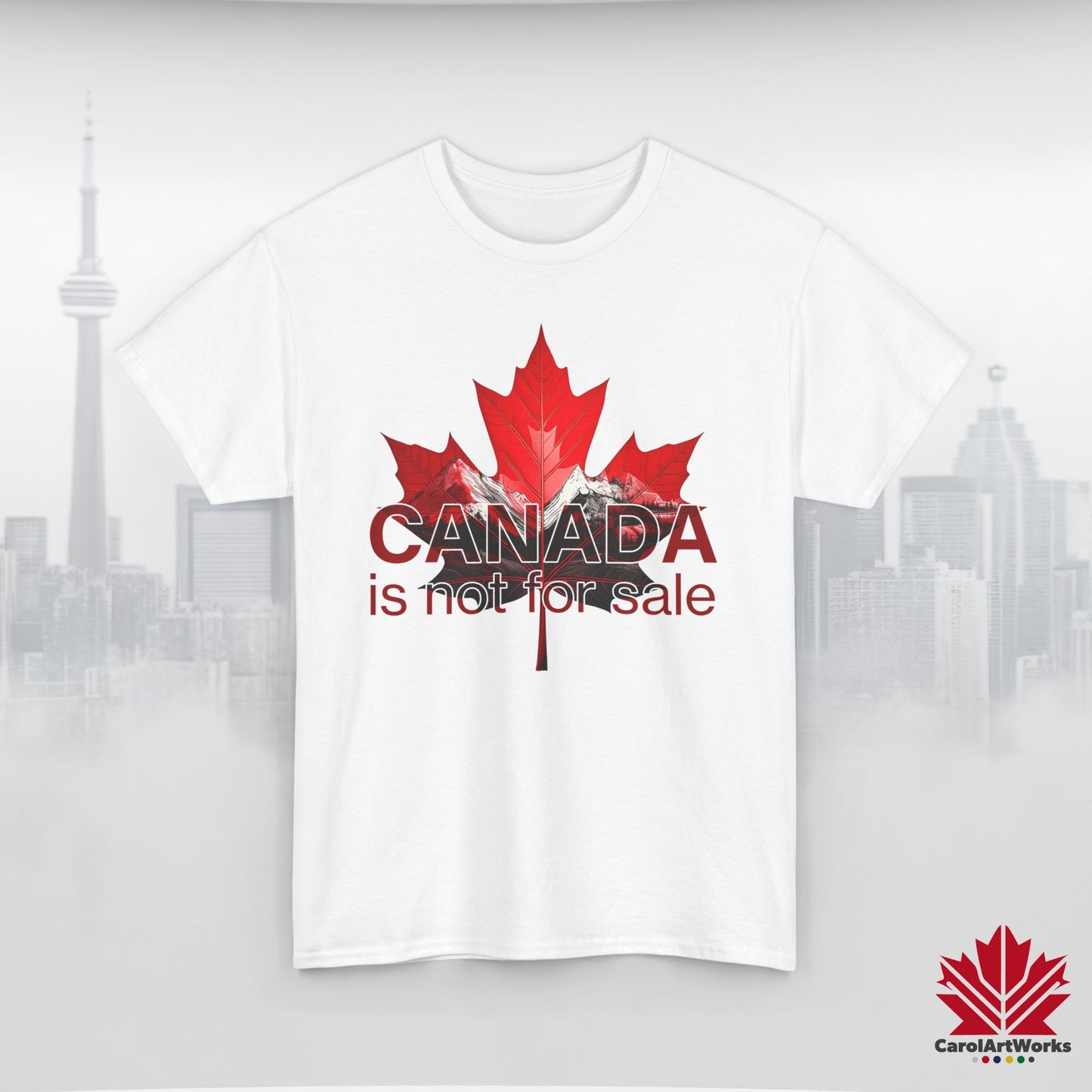 “Canada is not for Sale” Unisex Heavy Cotton Tee – Red Maple Leaf and Mountains, Stylish Canada Shirt