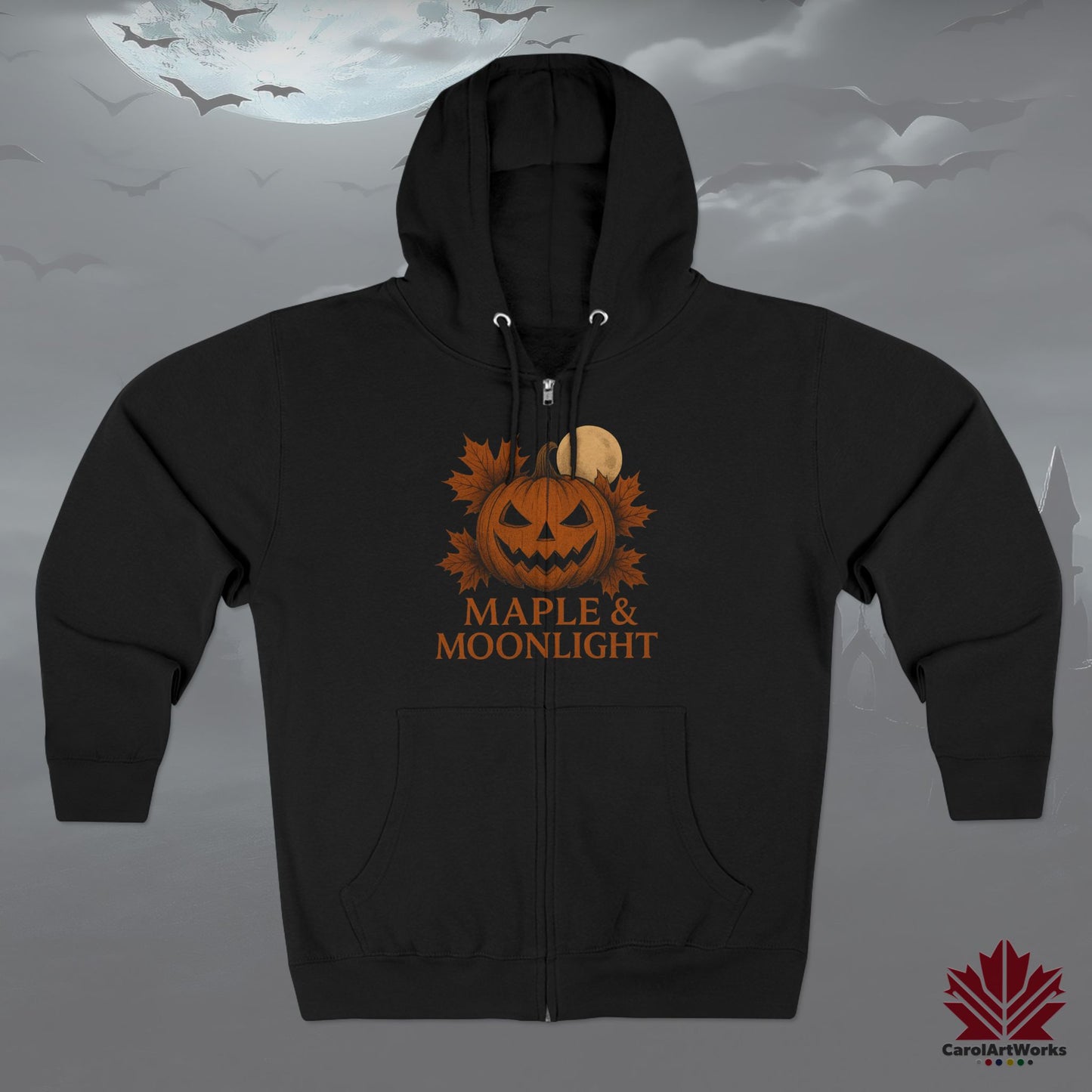 Maple & Moonlight – Canadian Fall Zip Hoodie for Halloween Lovers
