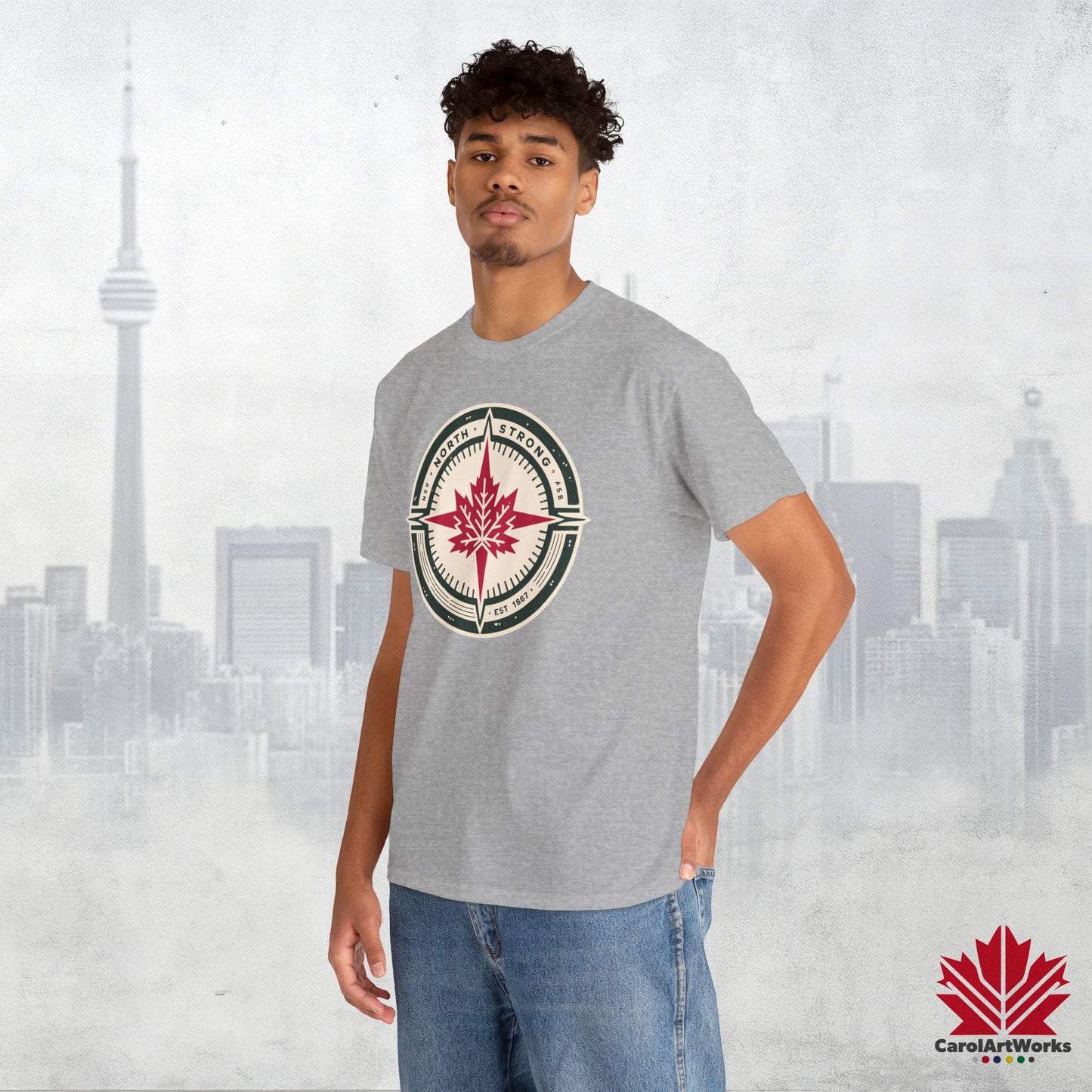 “North Strong” Compass Design – Unisex Cotton Tee – Navigate Adventure with Canadian Pride