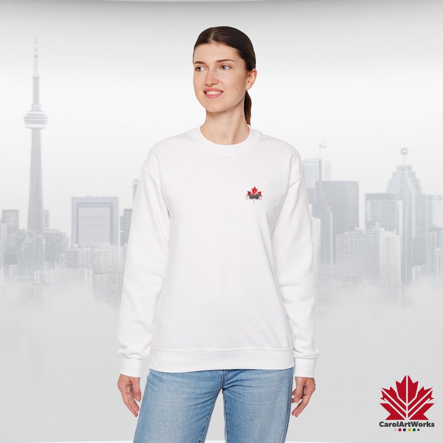 “Canada is Not for Sale” Crewneck Sweatshirt - Red Maple Leaf and Mountains, Soft and Warm