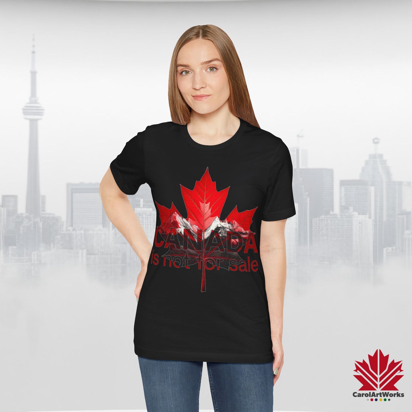 “Canada is not for Sale” Unisex Short Sleeve Tee – Red Maple Leaf and Mountains, Stylish Canada Shirt
