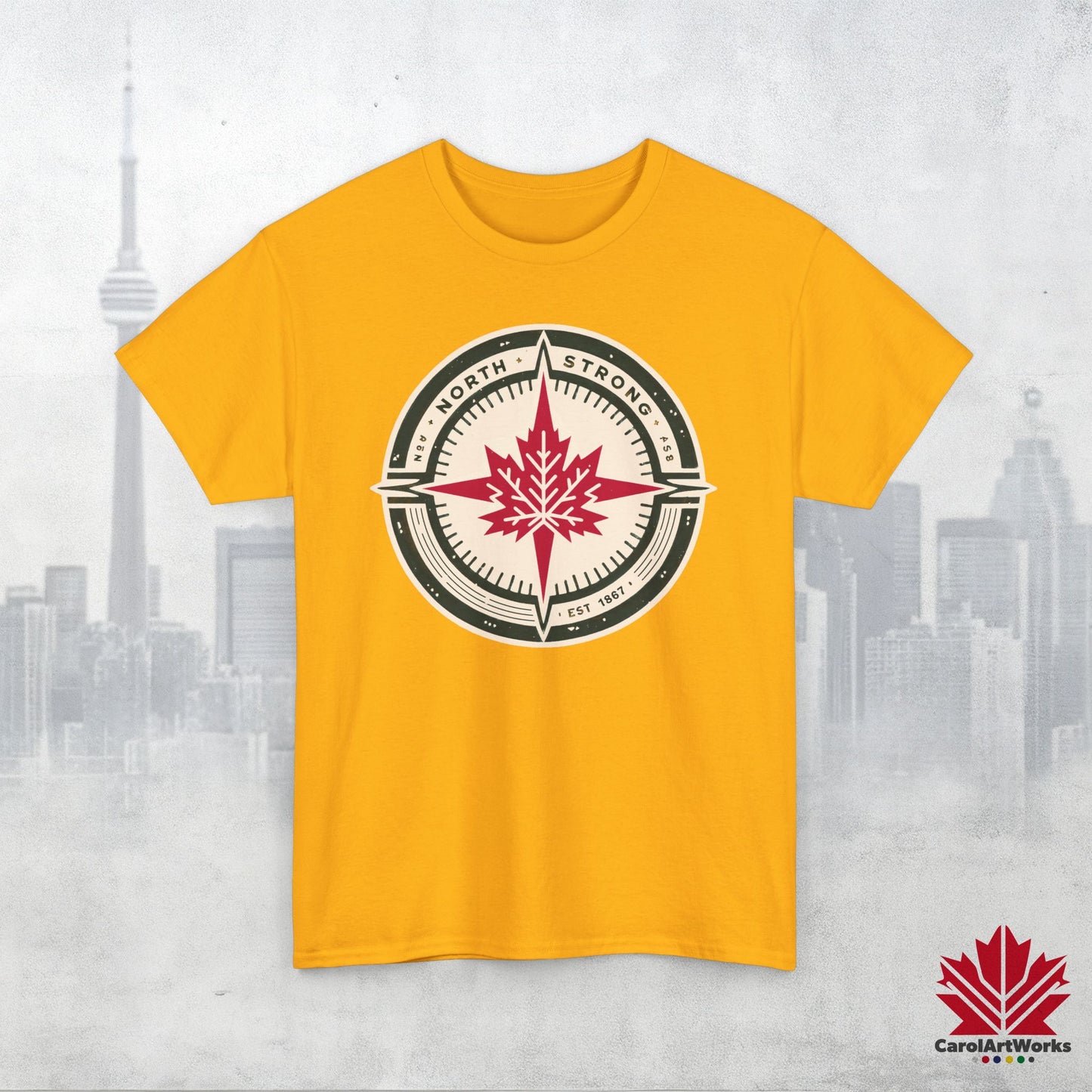 “North Strong” Compass Design – Unisex Cotton Tee – Navigate Adventure with Canadian Pride