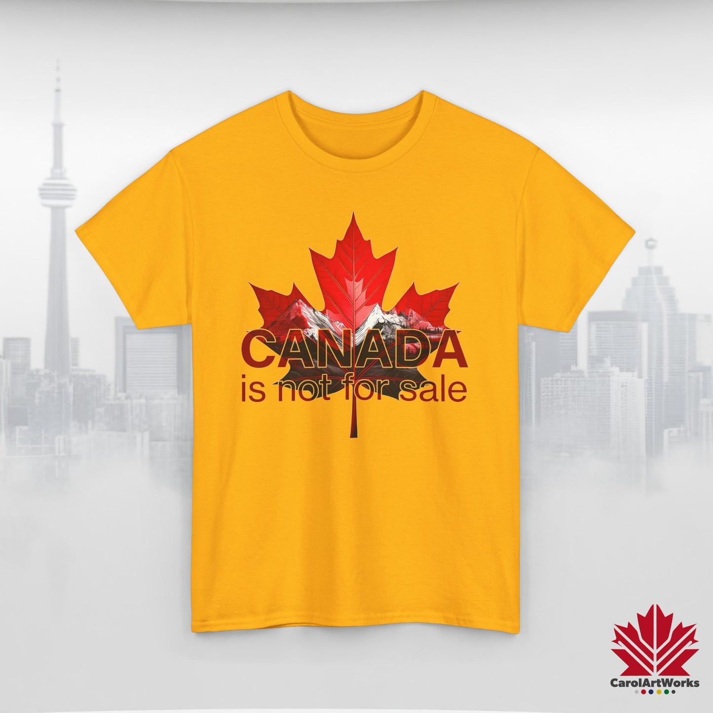 “Canada is not for Sale” Unisex Heavy Cotton Tee – Red Maple Leaf and Mountains, Stylish Canada Shirt