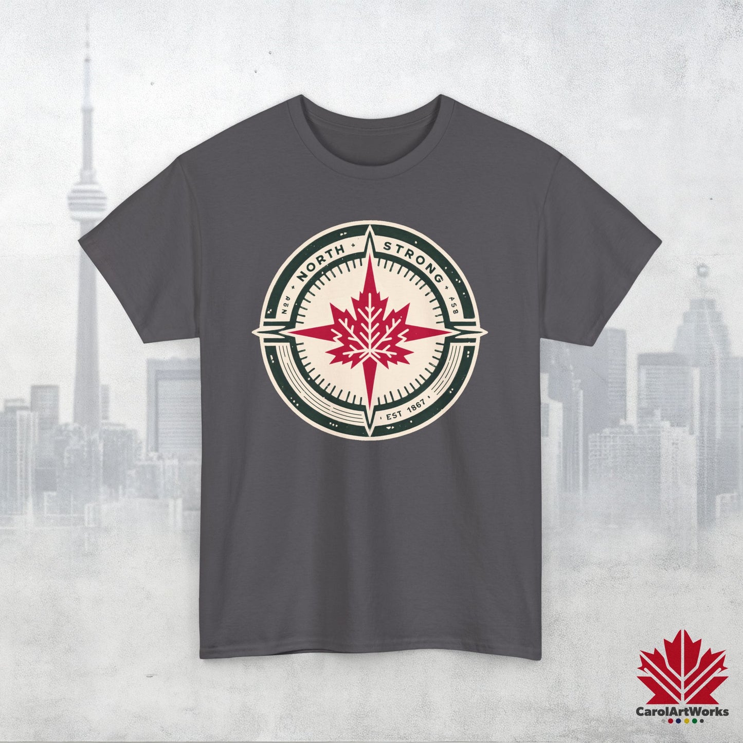 “North Strong” Compass Design – Unisex Cotton Tee – Navigate Adventure with Canadian Pride