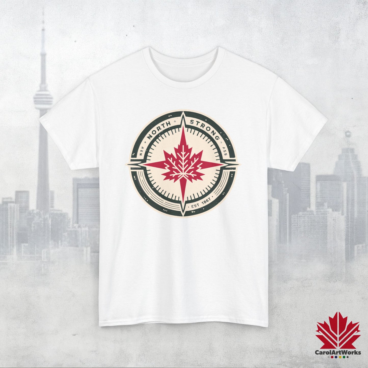 “North Strong” Compass Design – Unisex Cotton Tee – Navigate Adventure with Canadian Pride