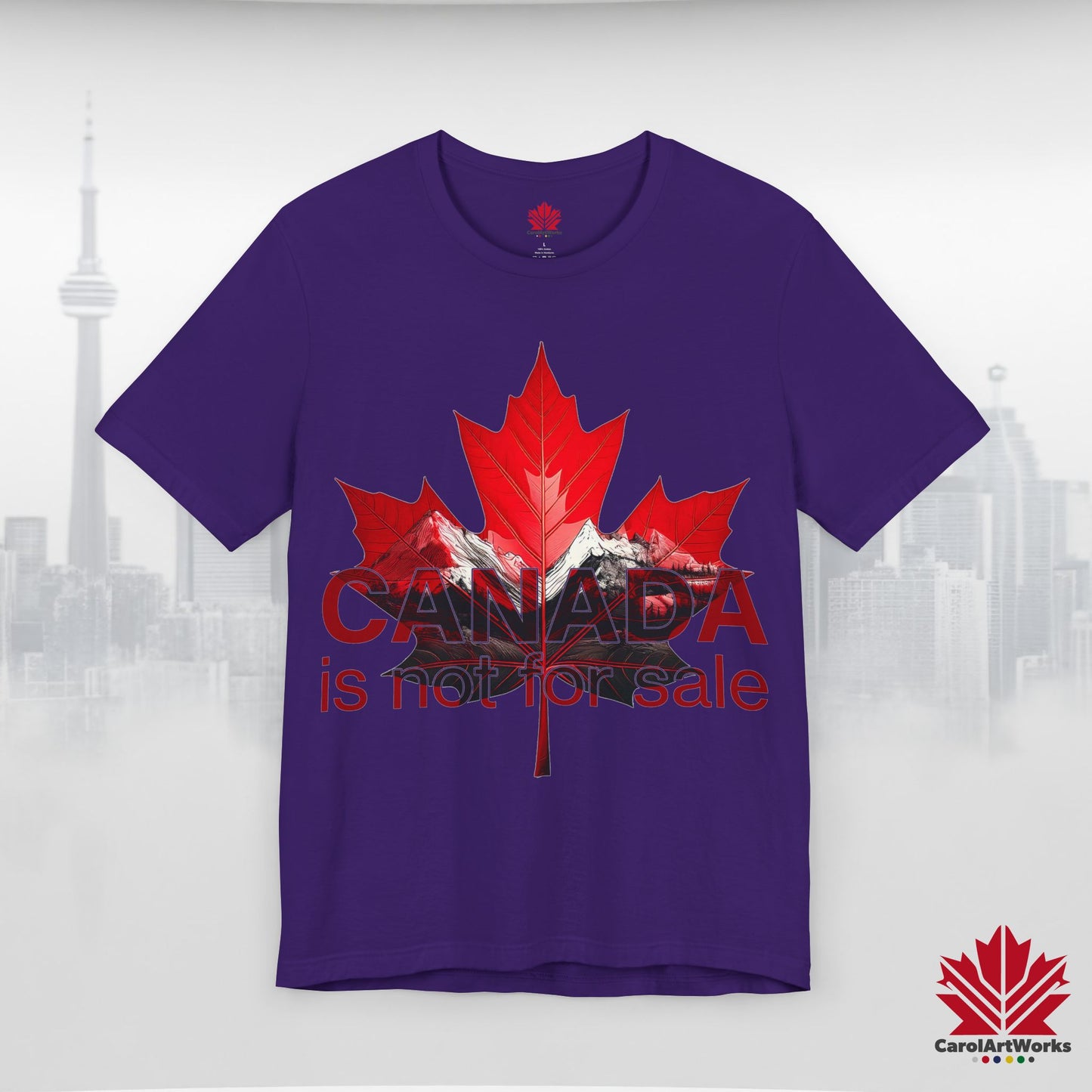 “Canada is not for Sale” Unisex Short Sleeve Tee – Red Maple Leaf and Mountains, Stylish Canada Shirt