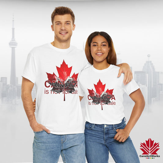 “Canada is not for Sale” Unisex Heavy Cotton Tee – Red Maple Leaf and Mountains, Stylish Canada Shirt
