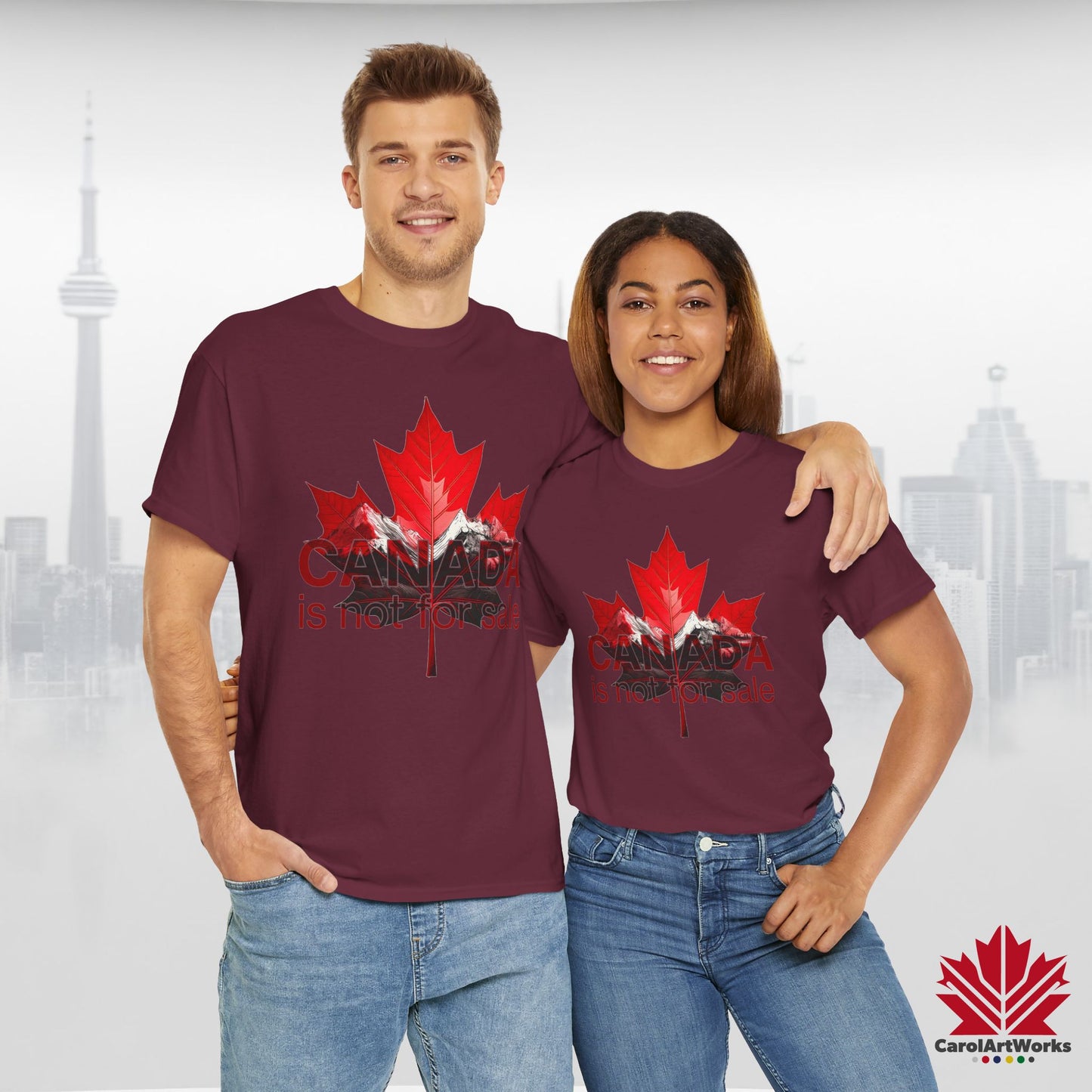 “Canada is not for Sale” Unisex Heavy Cotton Tee – Red Maple Leaf and Mountains, Stylish Canada Shirt