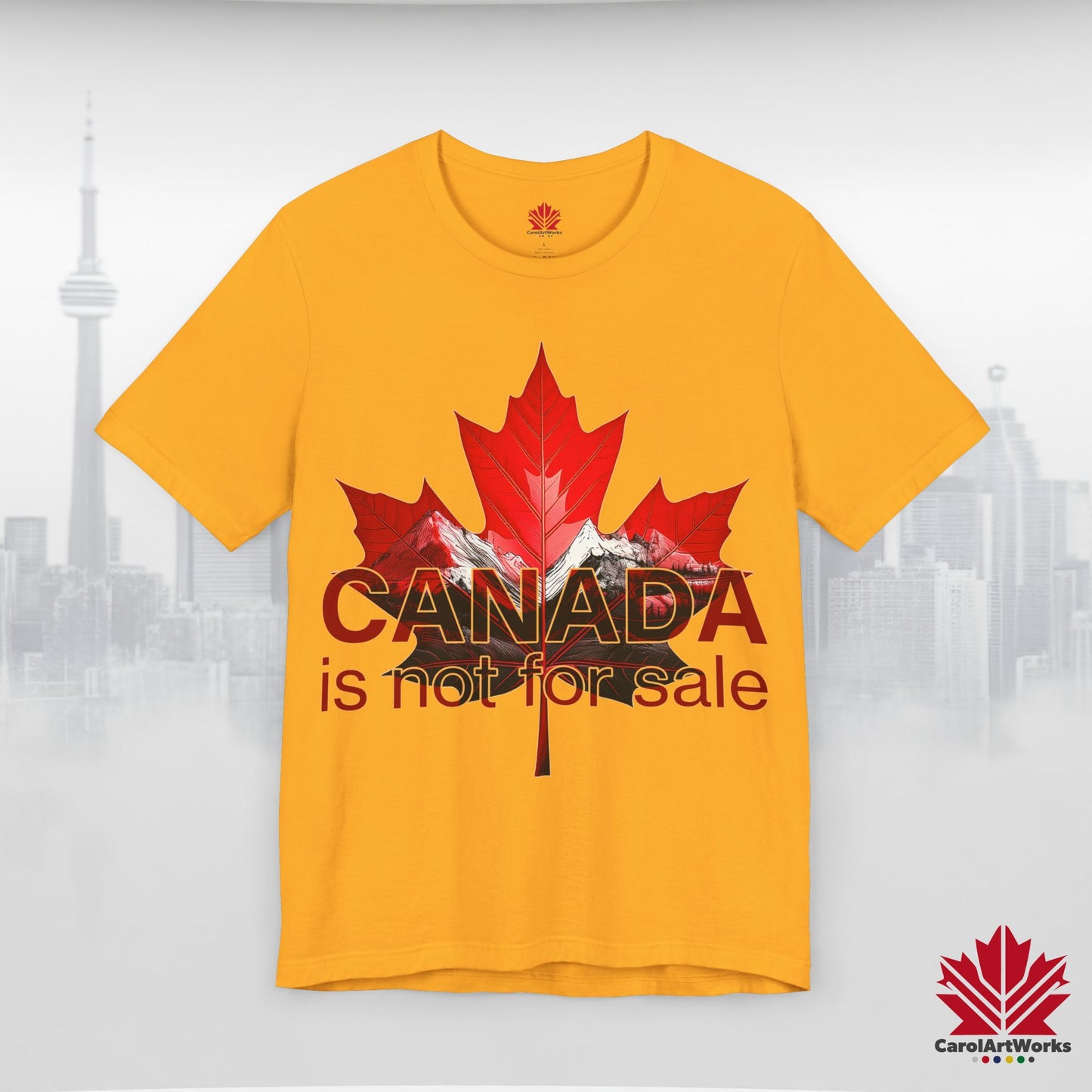 “Canada is not for Sale” Unisex Short Sleeve Tee – Red Maple Leaf and Mountains, Stylish Canada Shirt