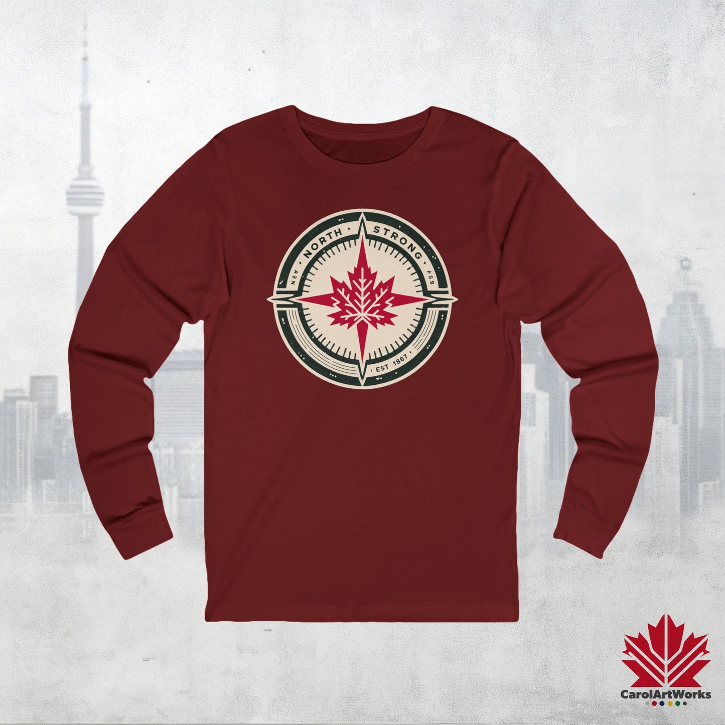 “North Strong” Compass Design – Unisex Long Sleeve Tee – Navigate Adventure with Canadian Pride