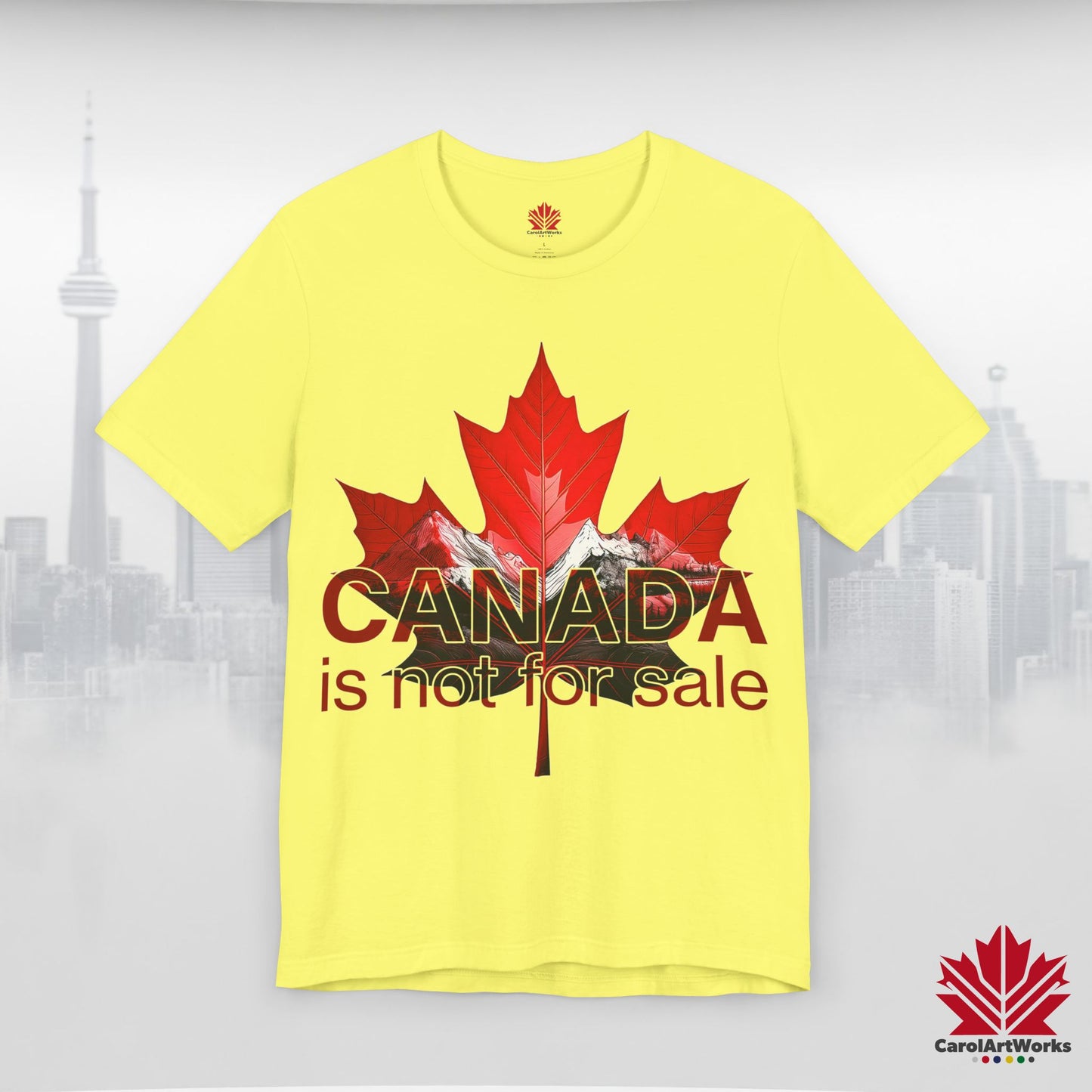 “Canada is not for Sale” Unisex Short Sleeve Tee – Red Maple Leaf and Mountains, Stylish Canada Shirt