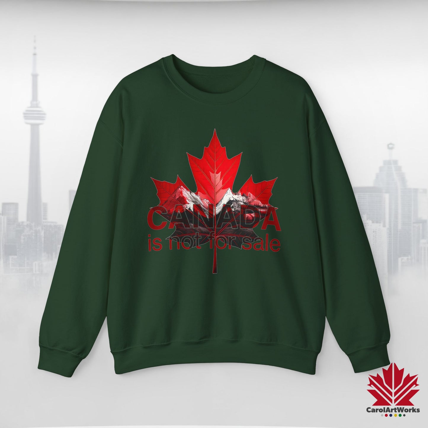 “Canada is Not for Sale” Crewneck Sweatshirt - Red Maple Leaf and Mountains, Soft and Warm