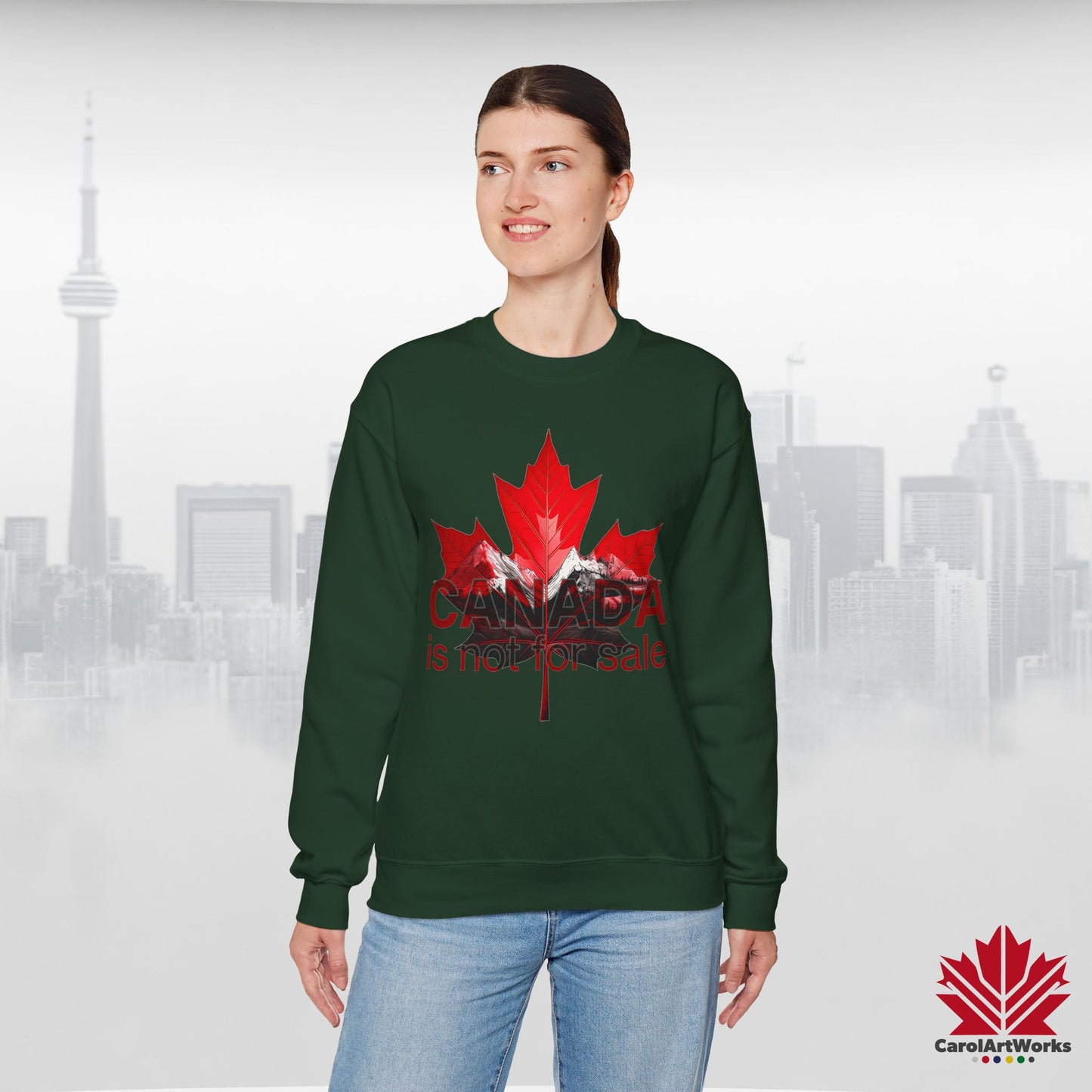 “Canada is Not for Sale” Crewneck Sweatshirt - Red Maple Leaf and Mountains, Soft and Warm