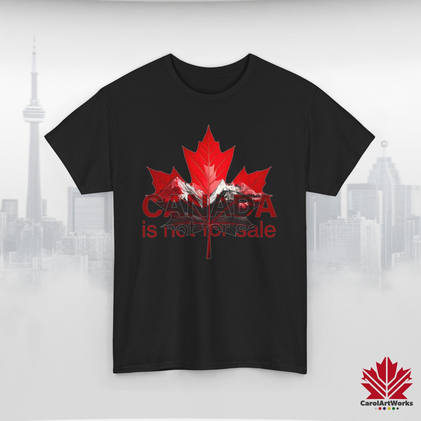 “Canada is not for Sale” Unisex Heavy Cotton Tee – Red Maple Leaf and Mountains, Stylish Canada Shirt
