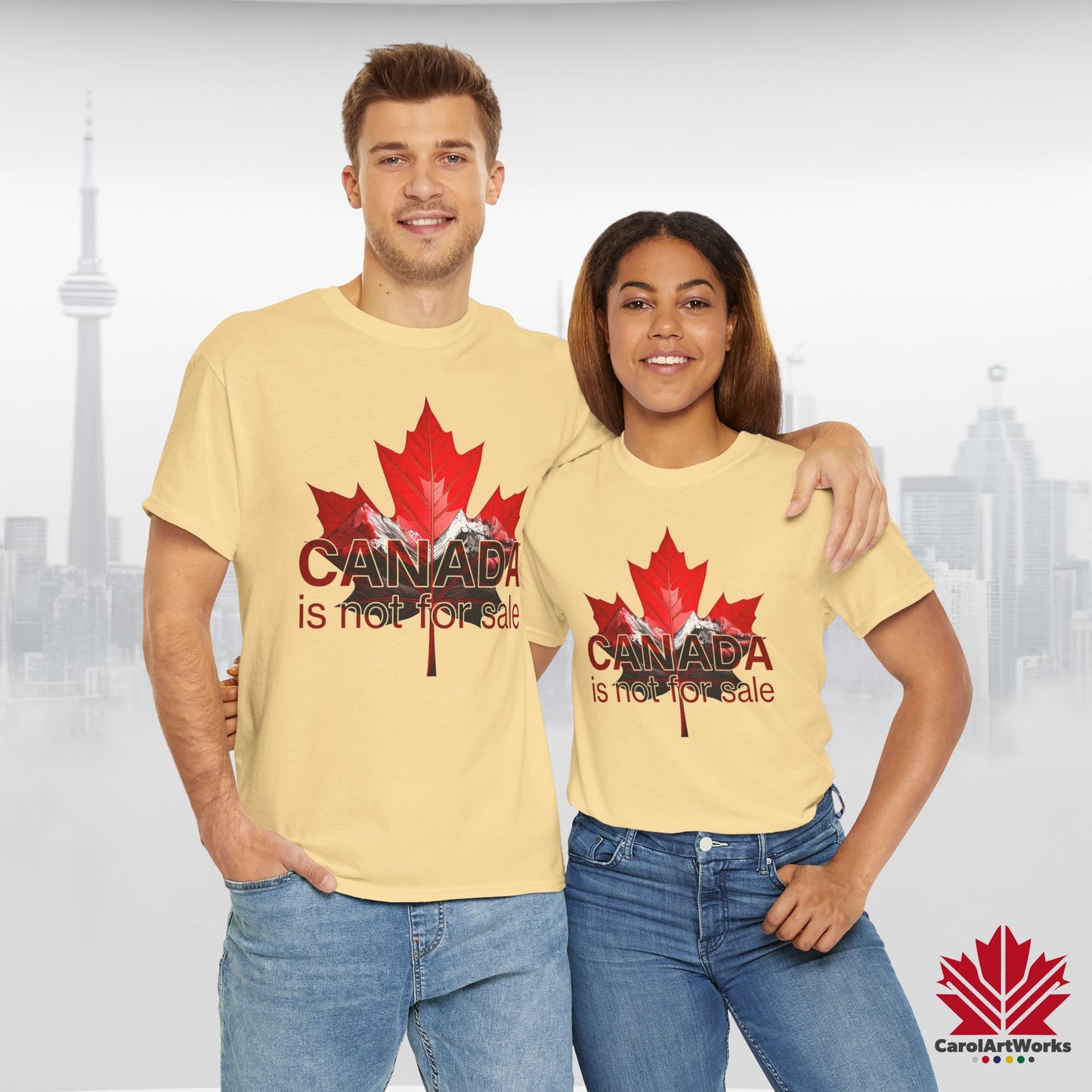 “Canada is not for Sale” Unisex Heavy Cotton Tee – Red Maple Leaf and Mountains, Stylish Canada Shirt